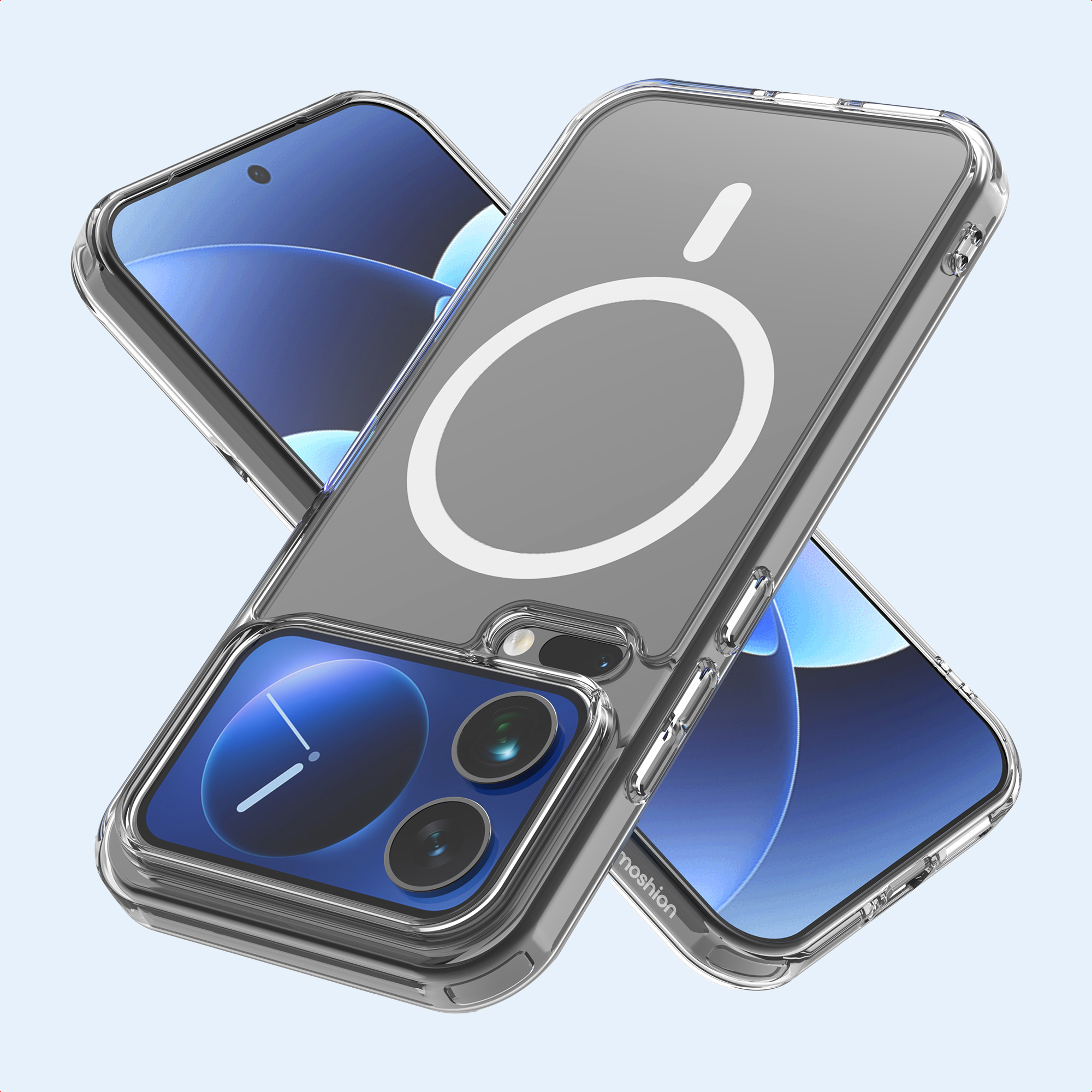 Due custodie trasparenti per telefono con anelli magnetici.