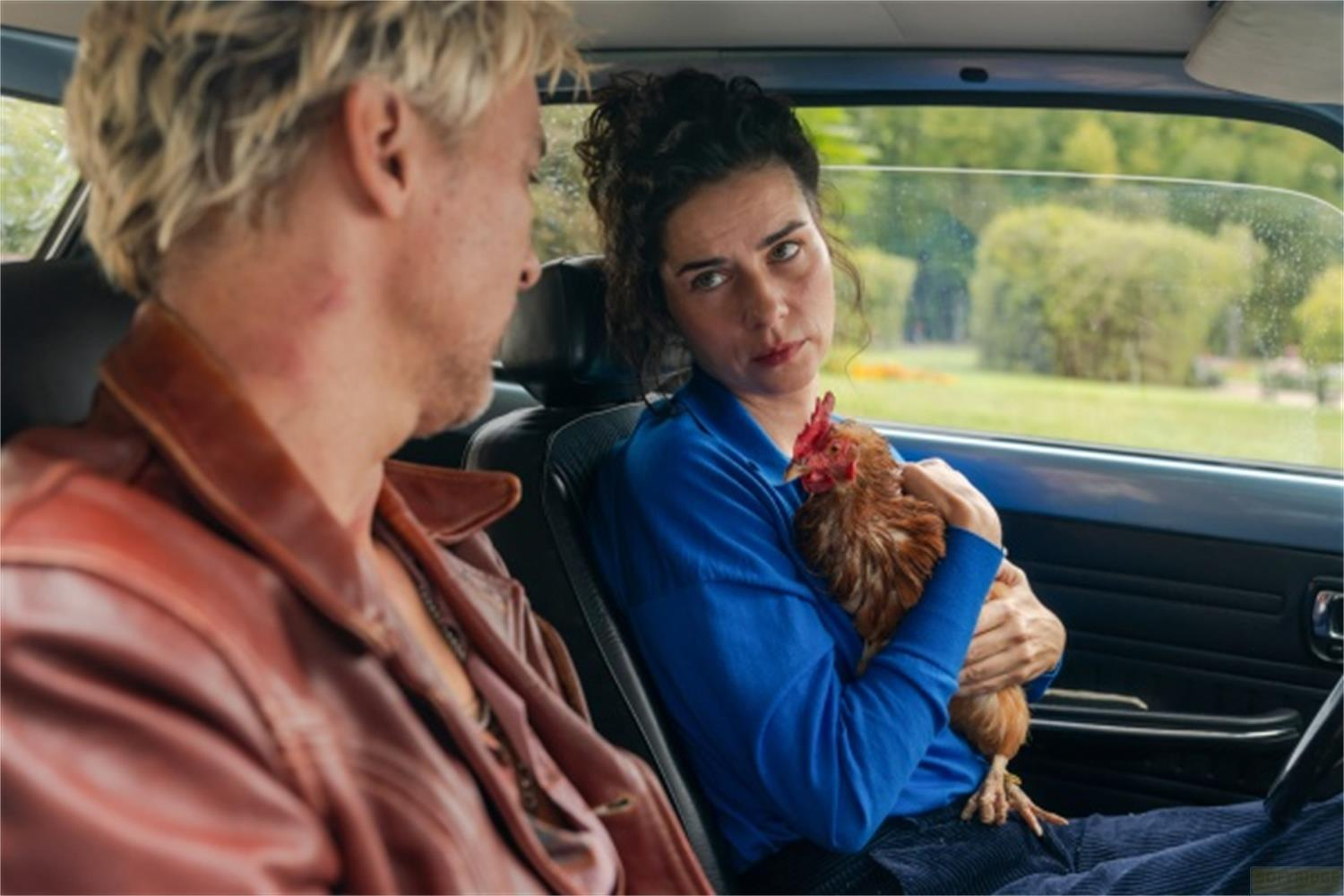 Una donna in camicia blu tiene un pollo seduta in auto accanto a un uomo.