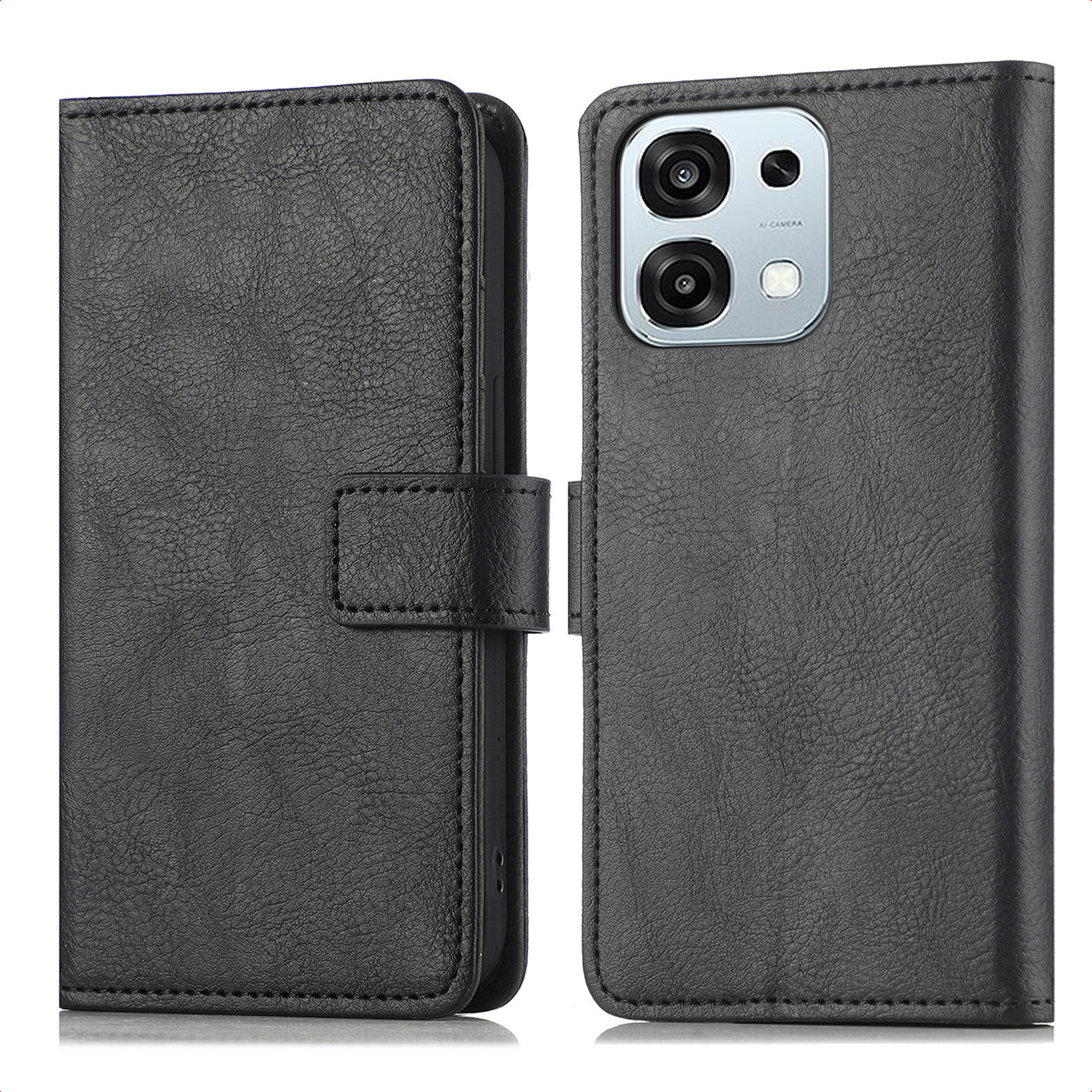 Zwarte leren flip case voor smartphone, met camera-uitsparing.