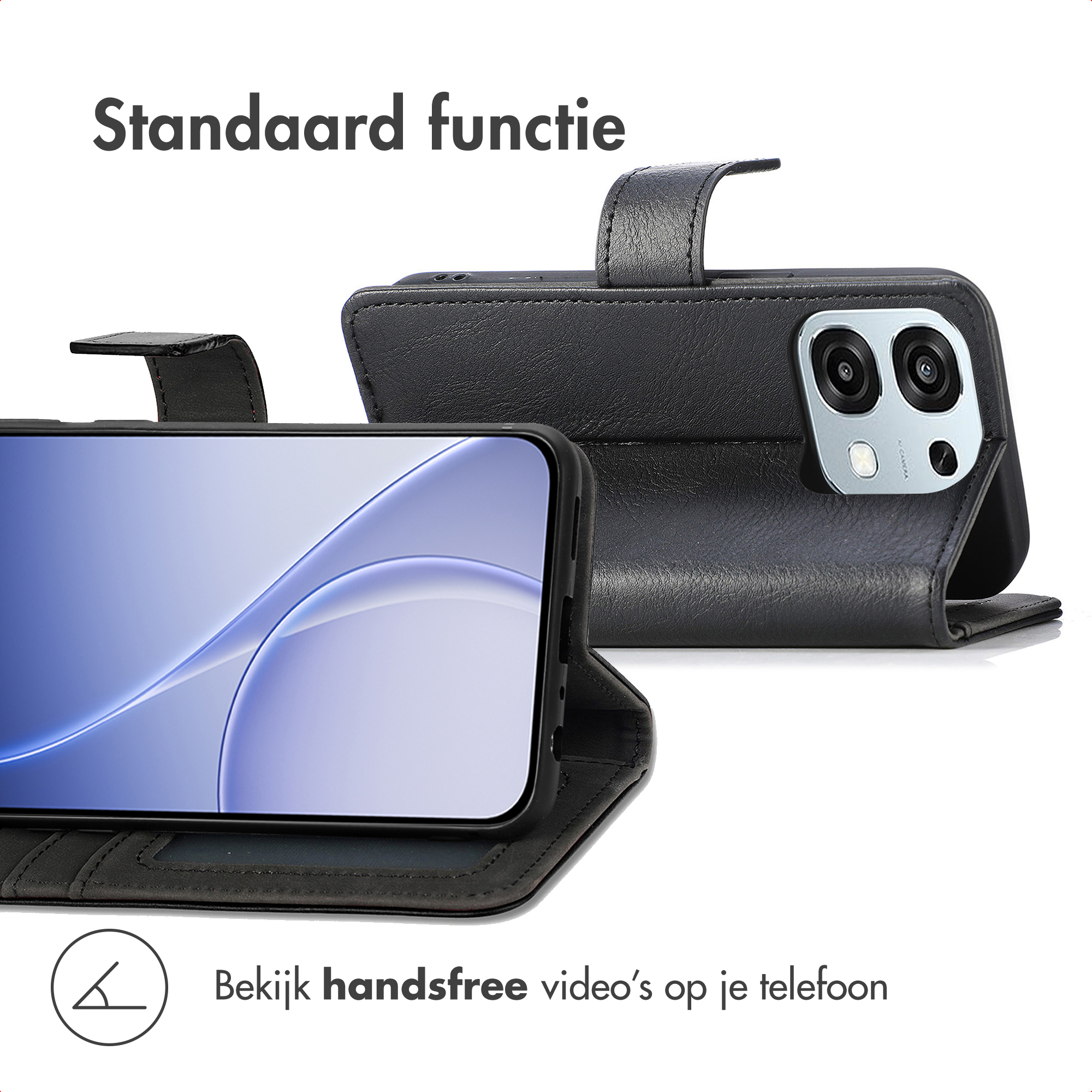 Zwart telefoonhoesje met standaardfunctie en cameramodule.