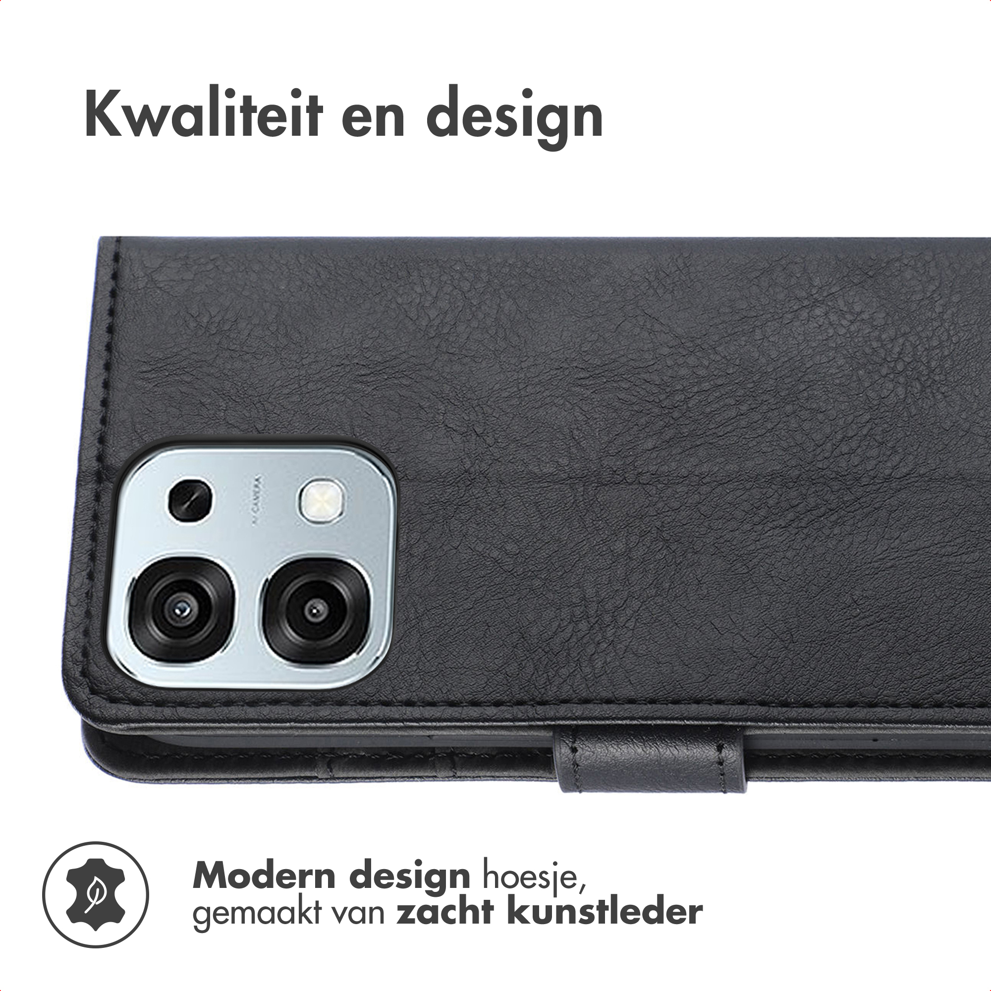 Zwarte kunstlederen telefoonhoes met camera en logo.