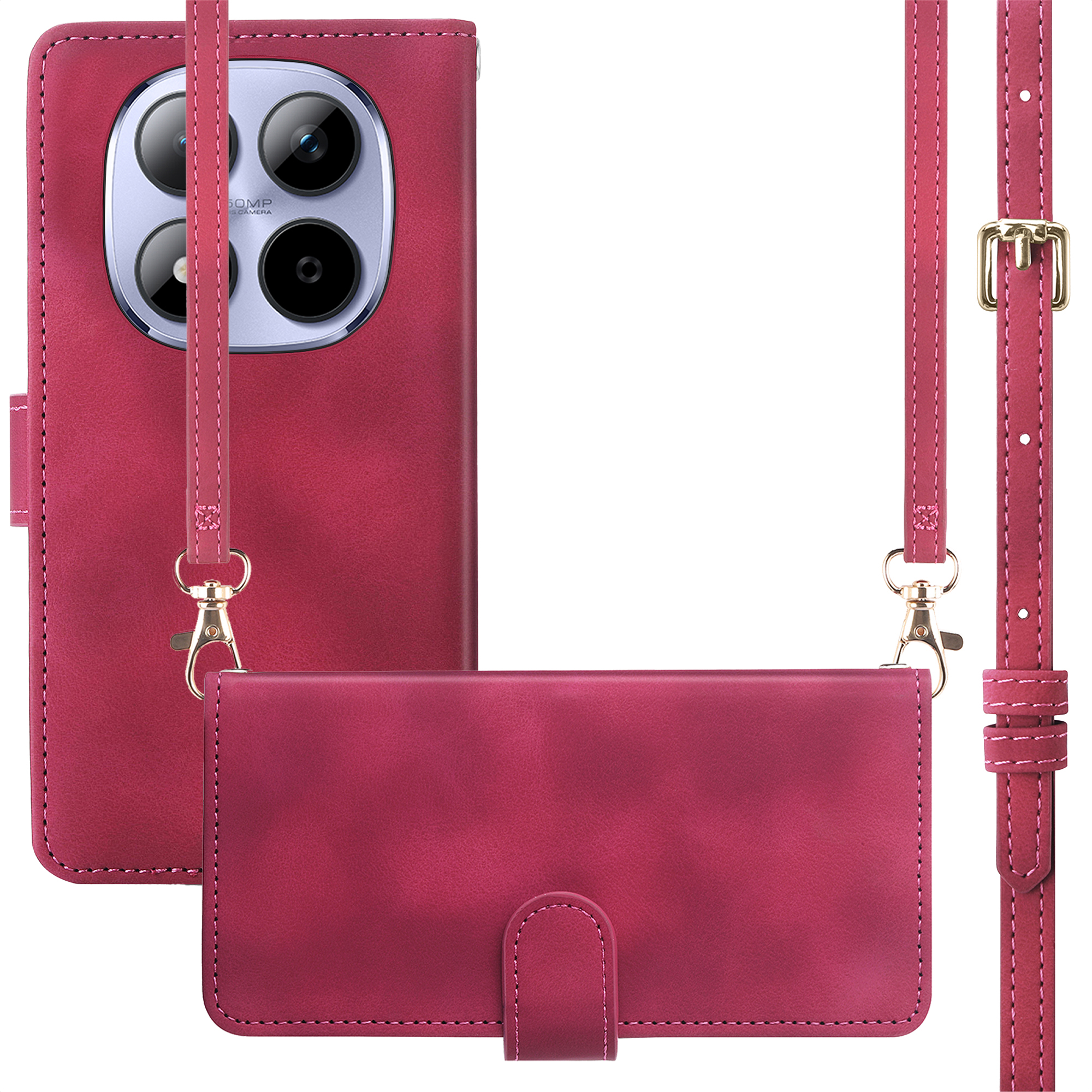 Étui rouge pour téléphone avec découpe caméra et lanière.