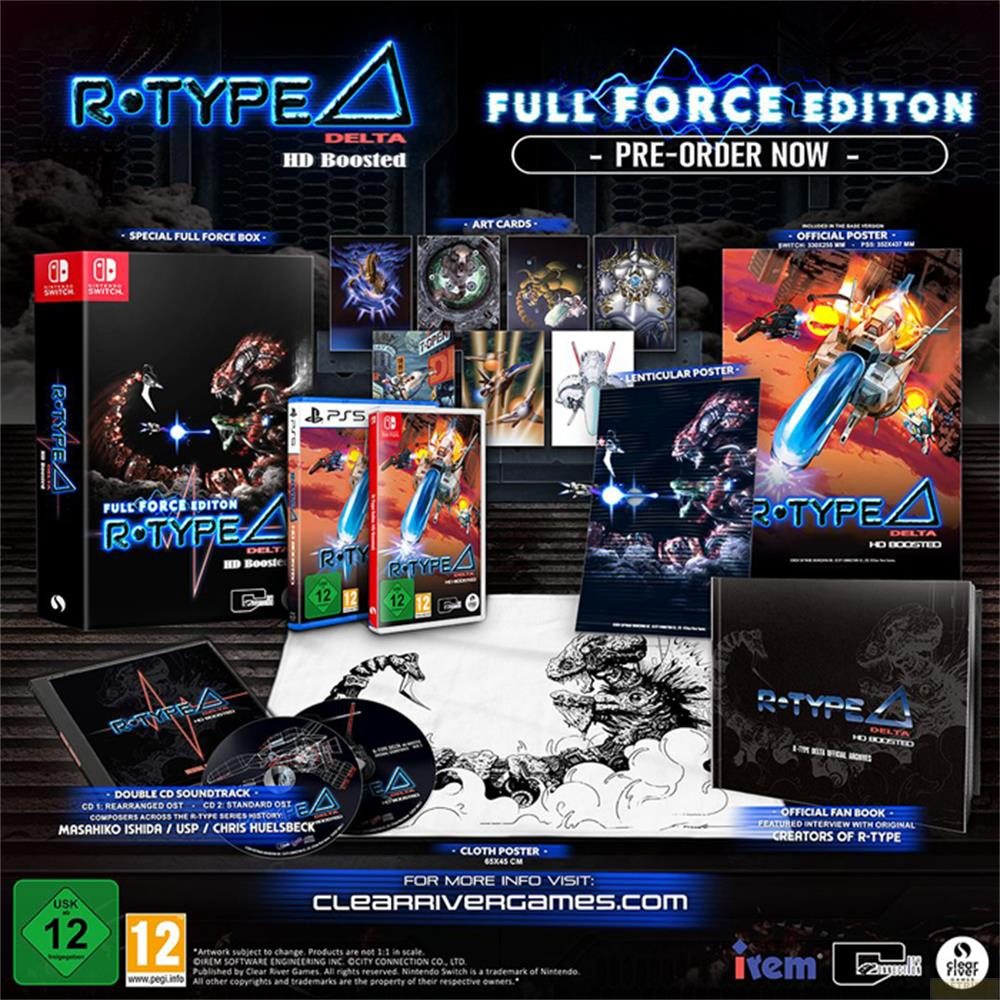 Przegląd produktu R-Type Delta Full Force Edition z grami, plakatami, kartami artystycznymi, ścieżką dźwiękową i innymi.