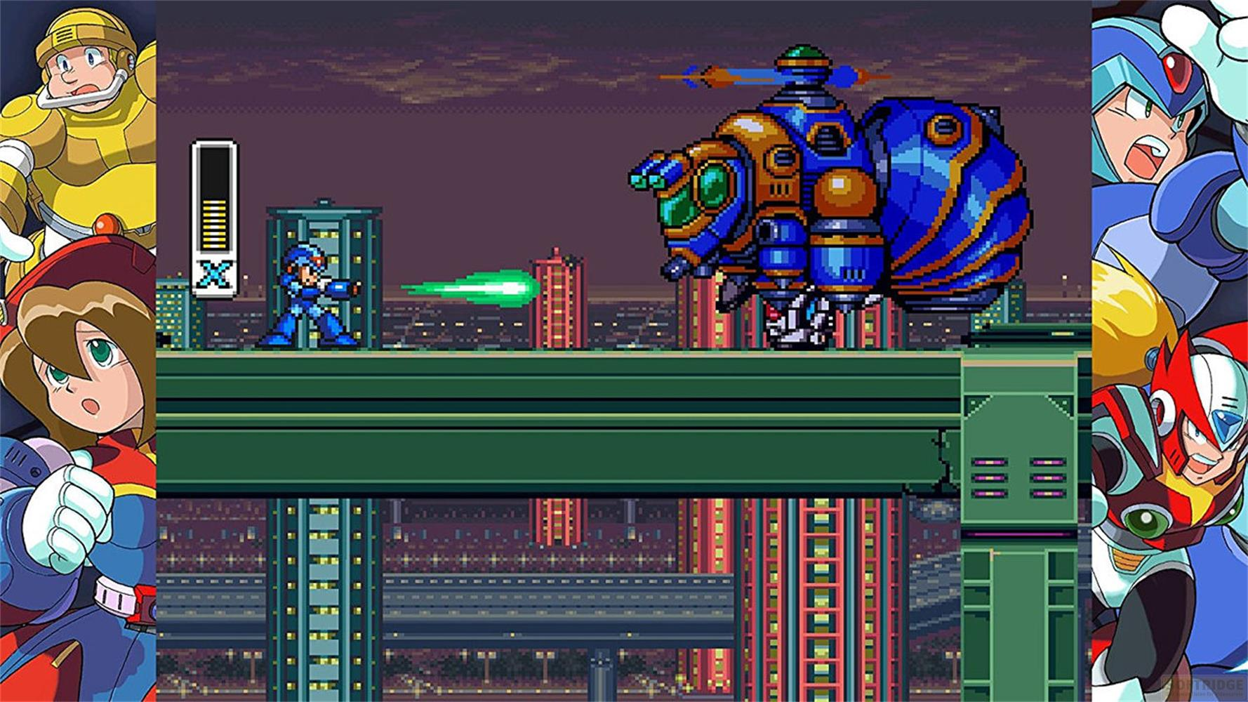 Ein blauer Roboter schießt auf einen großen blauen und goldenen Mech.