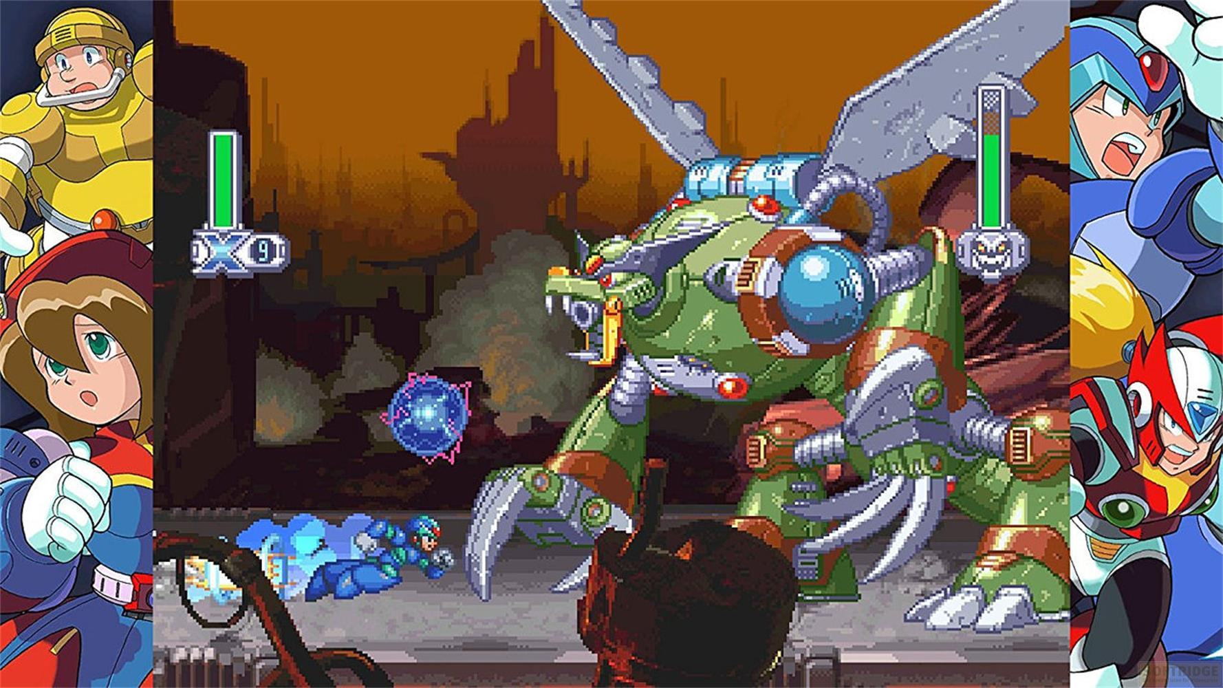 Ein grüner Roboter-Drache kämpft gegen X und Zero in einer Stadt.