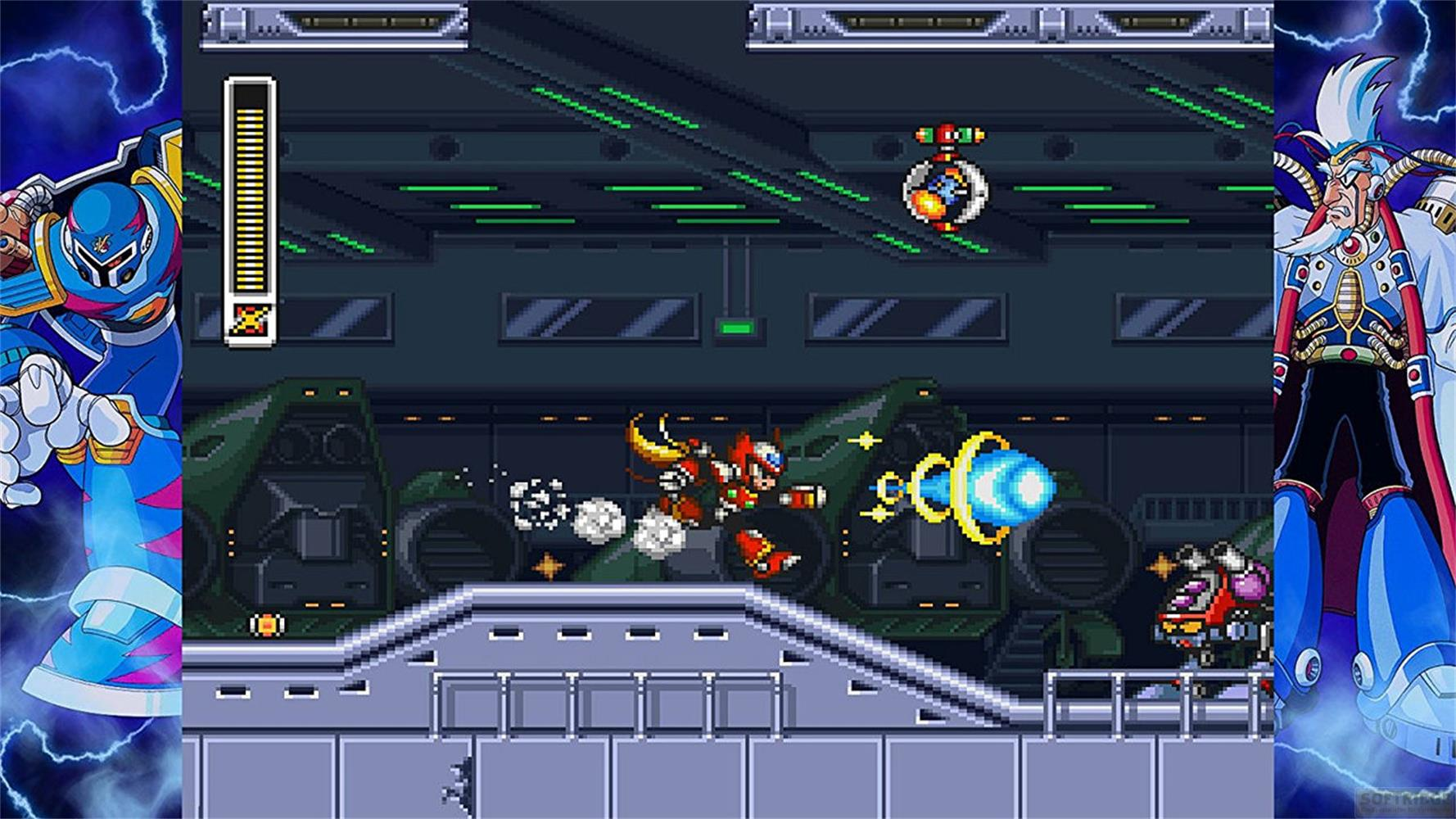 Pixel-Charaktere in einem Sci-Fi-Kampf mit Explosionen und Energieprojektilen.