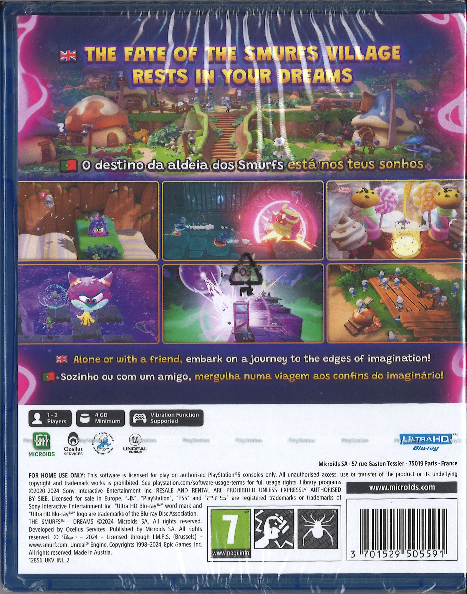 Okładka gry ze Wioską Smerfów we śnie, tytułem i obrazami z gry.