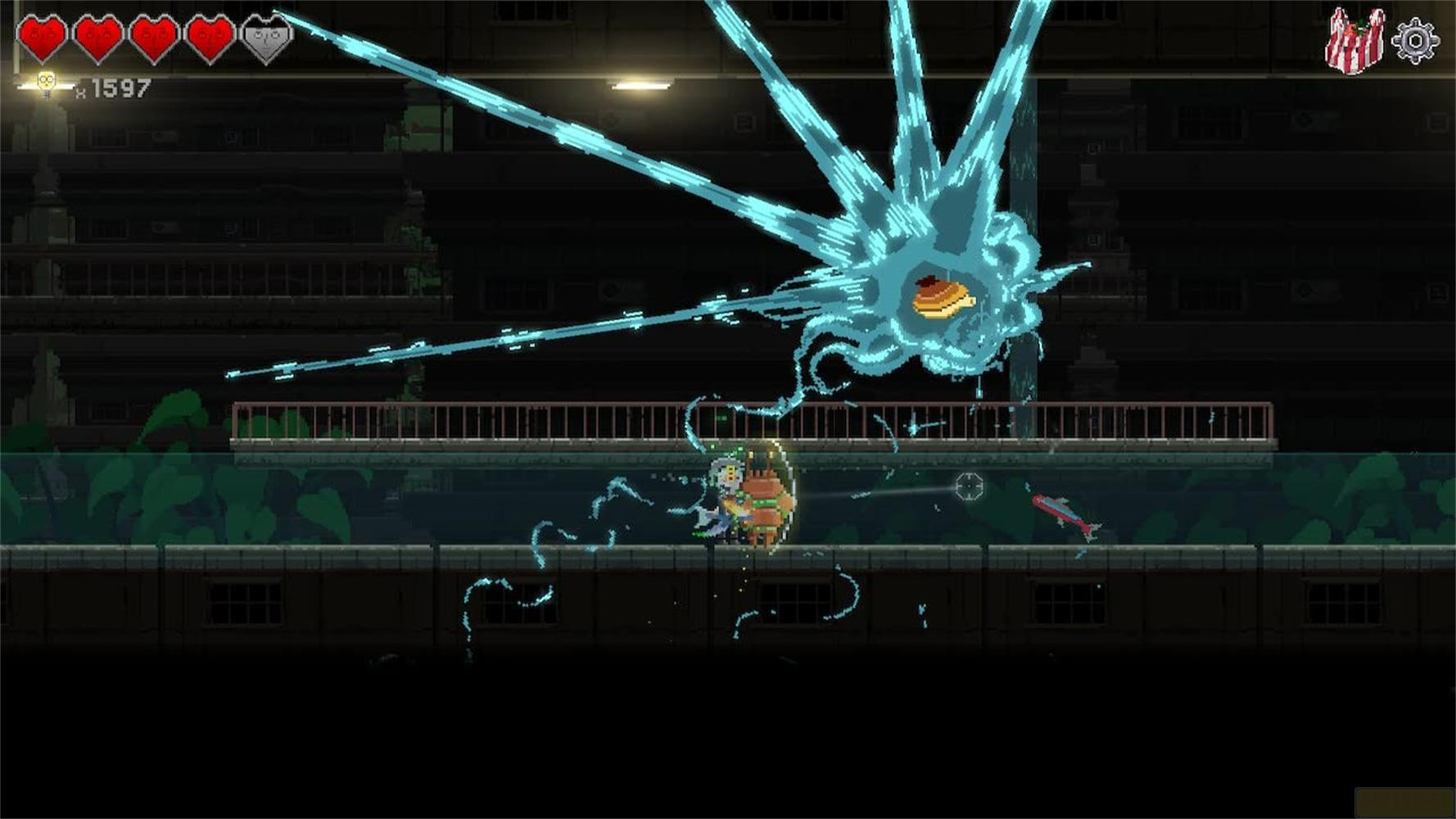 Un personnage pixelisé combat une créature lumineuse à tentacules.