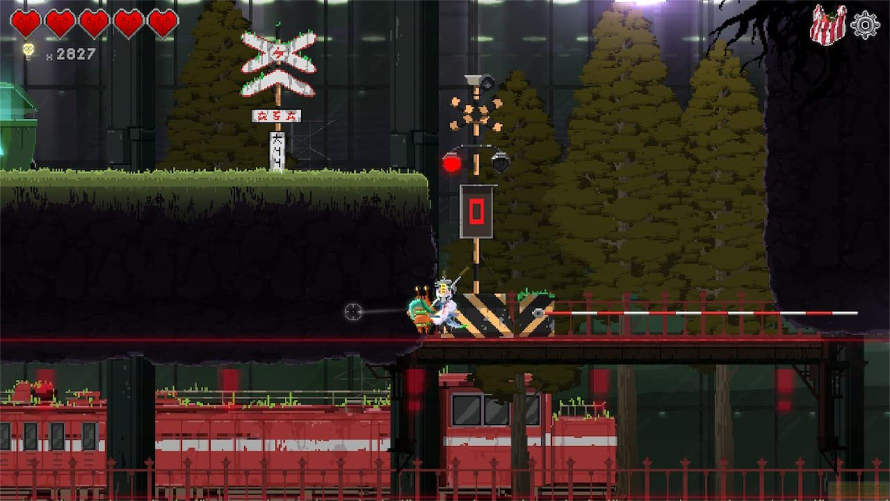 Un personnage se bat sur un pont au-dessus d'un train rouge. Signaux de passage à niveau en arrière-plan.