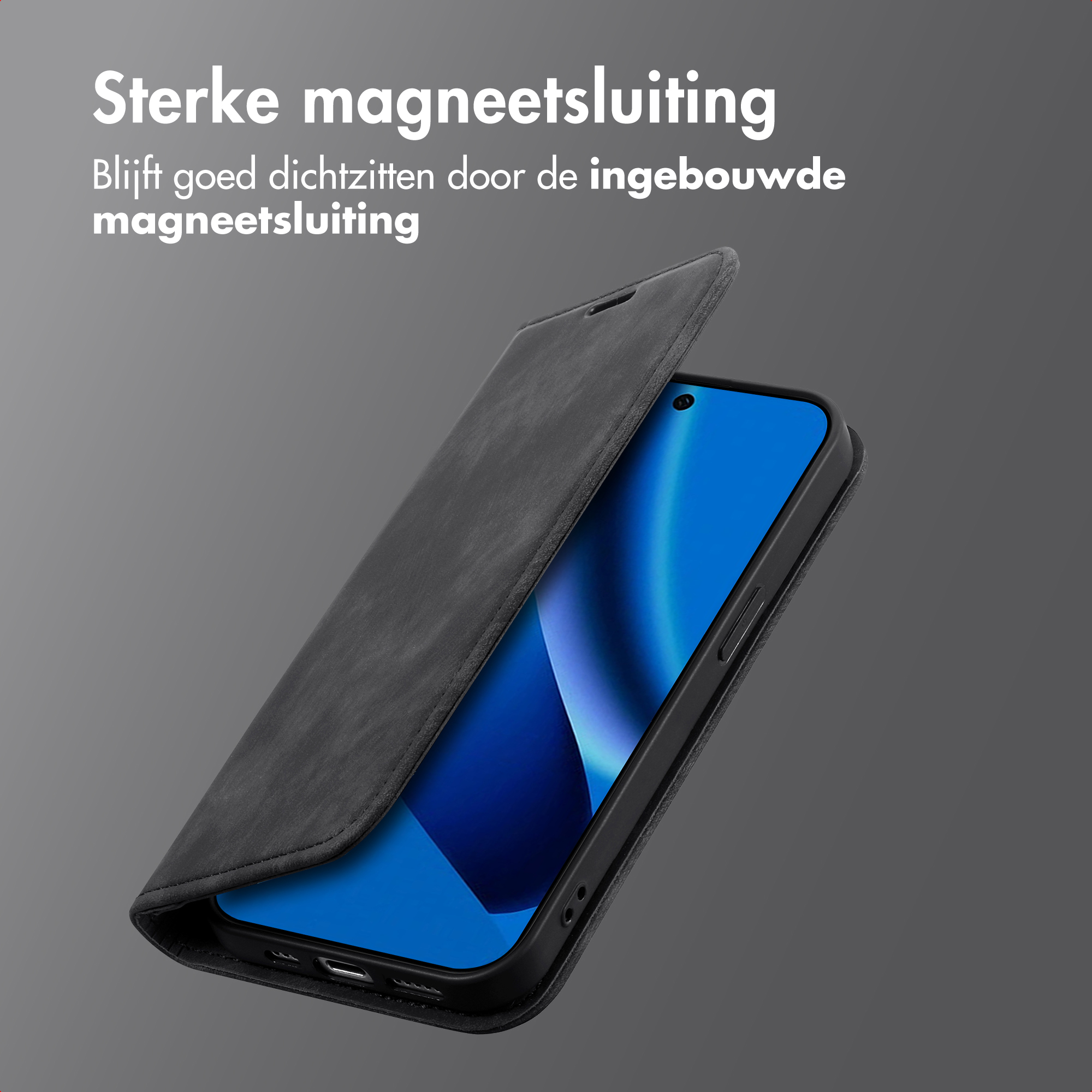 Un smartphone noir avec un rabat ouvert, révélant son écran bleu.