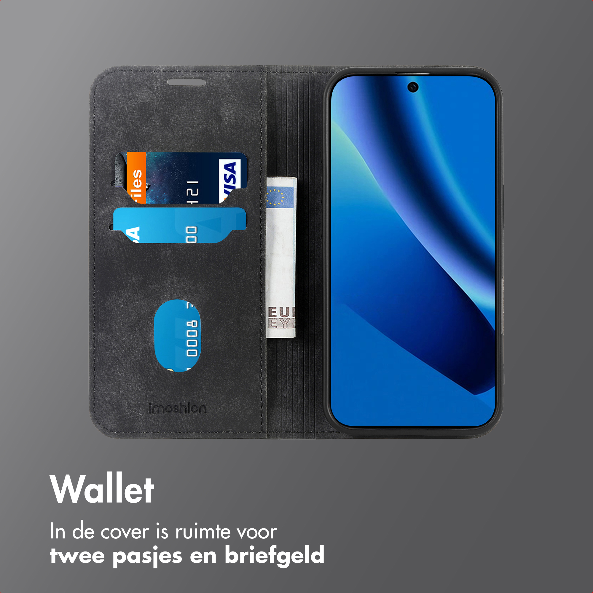 Portefeuille noir avec téléphone, cartes et billets. Emplacements cartes.