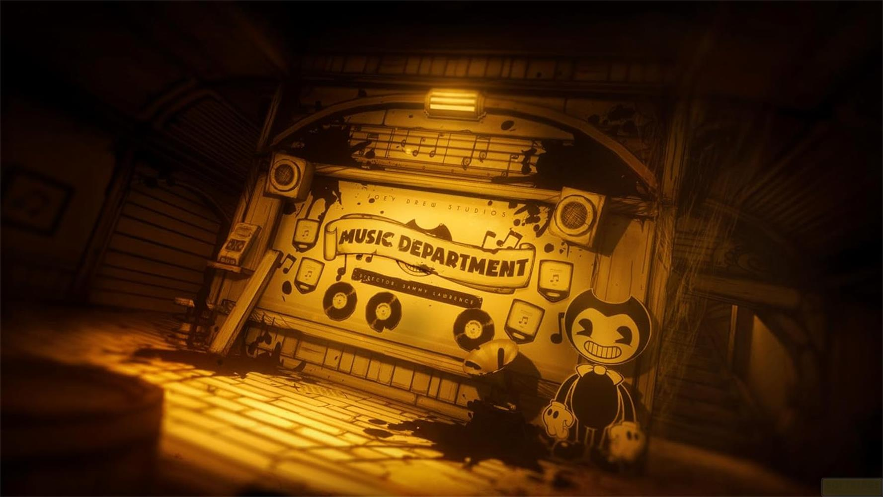 Bendy il demone si trova davanti al reparto musicale con note e dischi.