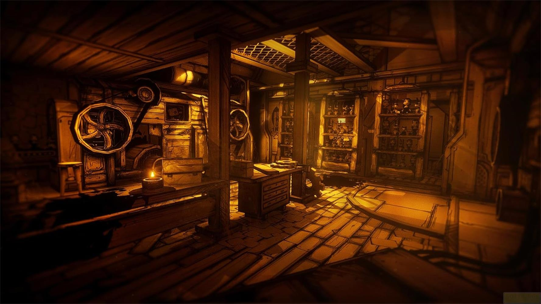 Una stanza vecchia e poco illuminata con mobili in legno, scaffali e luce di candela.