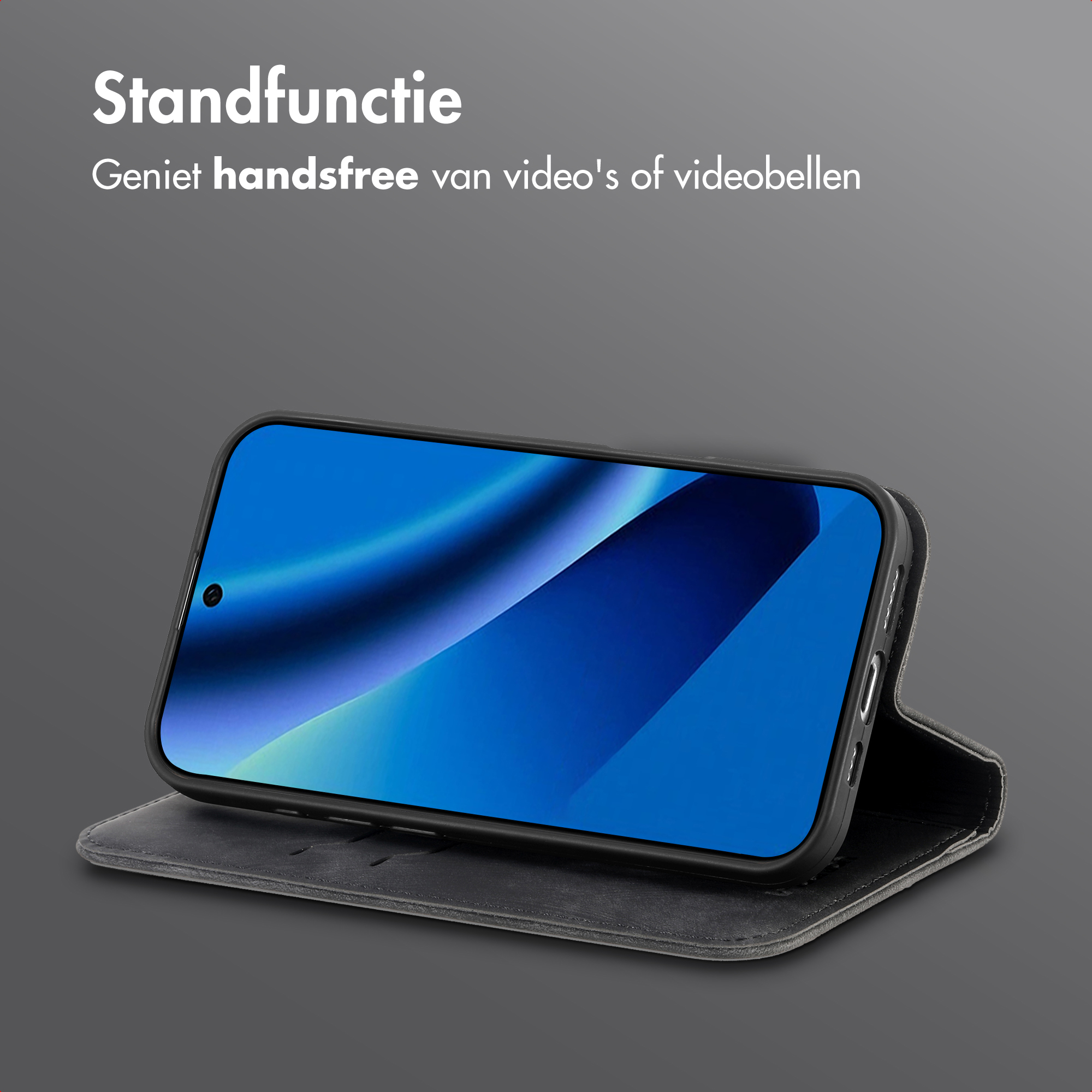 Un smartphone dans un étui noir servant de support.