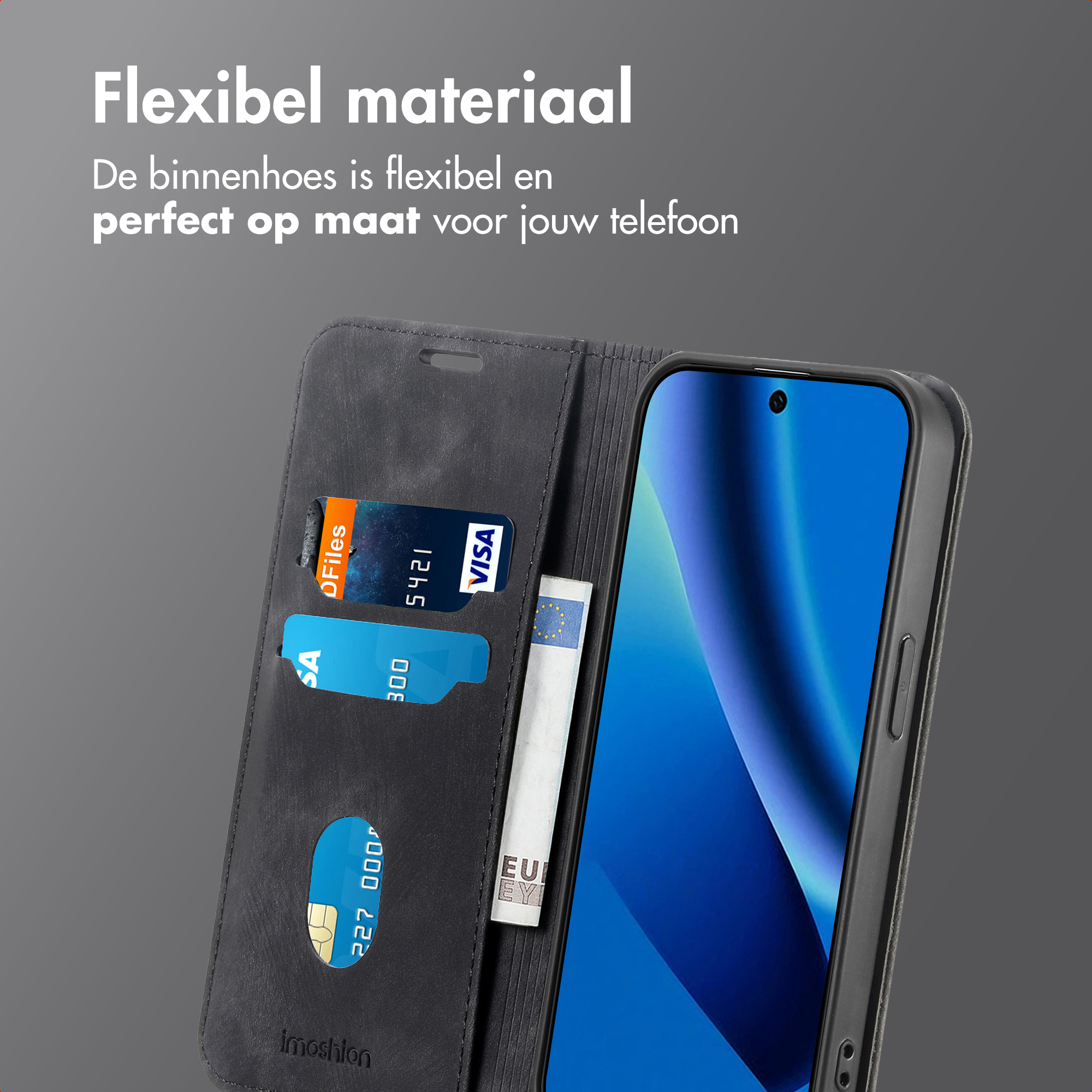 Étui de téléphone noir avec fentes pour cartes et poche à billets. Un téléphone est inséré.