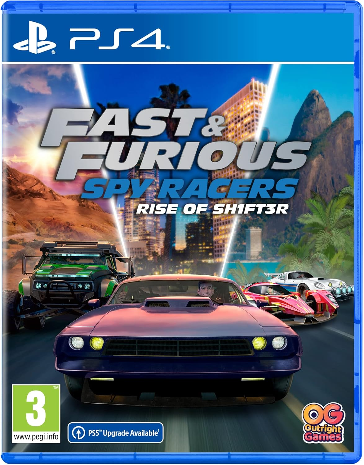 Okładka gry PS4 Fast & Furious Spy Racers z samochodami i miejskim tłem.