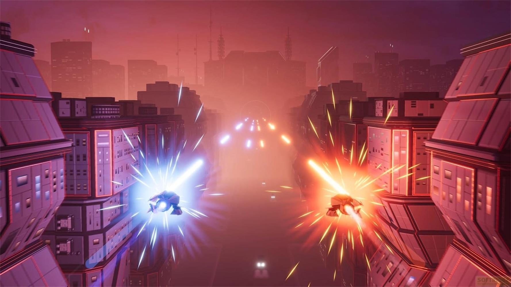 Due astronavi combattono in una città futuristica con laser rossi e blu.
