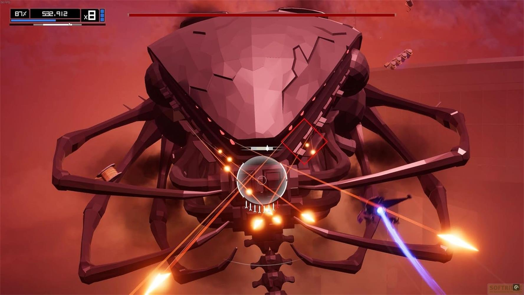 Grande robot rosso combatte piccola astronave blu con laser.
