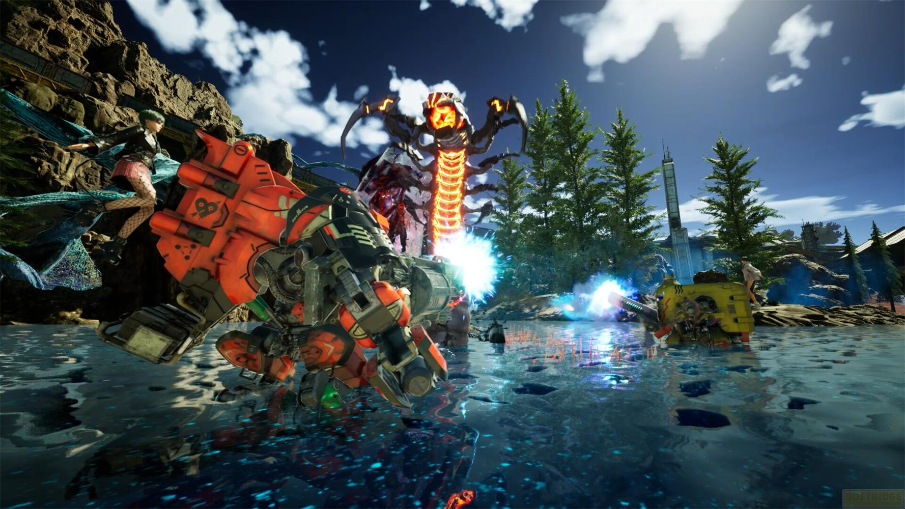Un robot scorpione gigante attacca un mech rosso che spara nell'acqua.