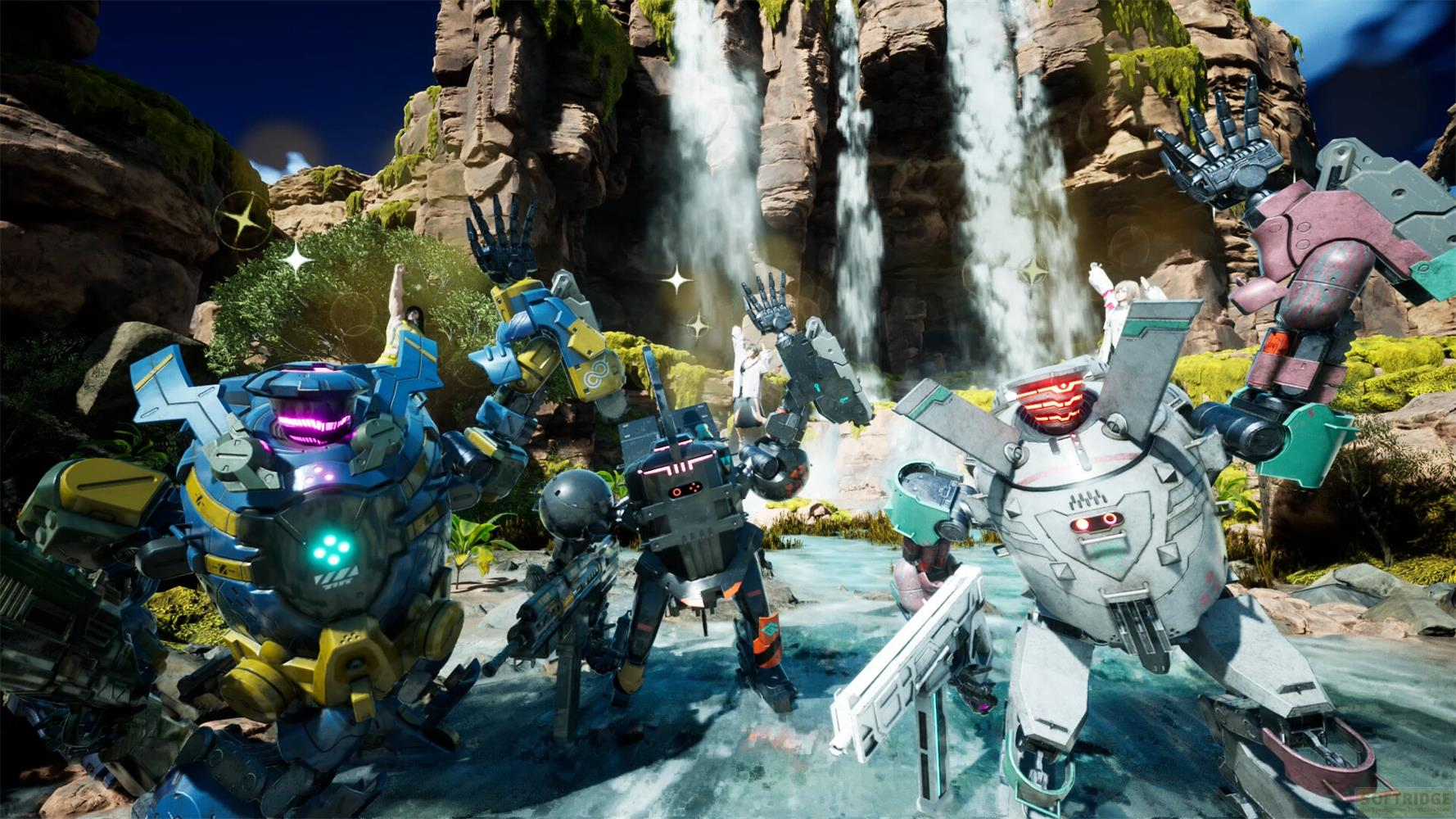 Robot davanti a una cascata. Uno alza la mano.
