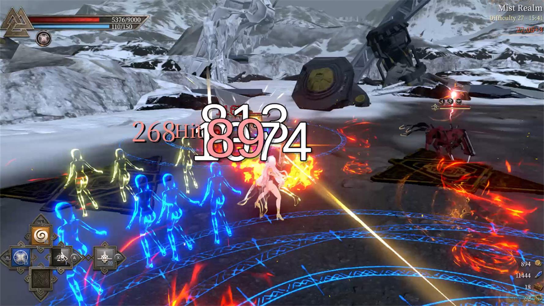 Battaglia in Mist Realm: figure blu e gialle combattono un robot rosso.