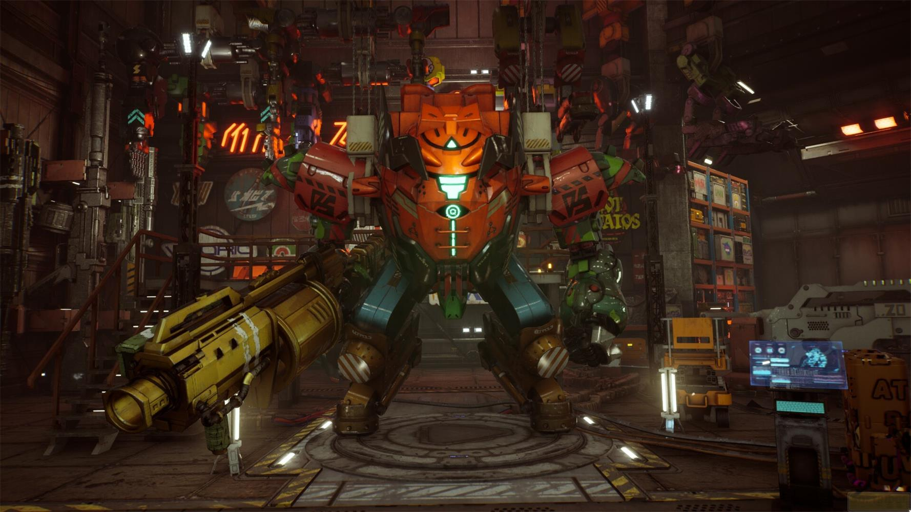 Un grande mech arancione con un'arma gialla si trova in un'officina.