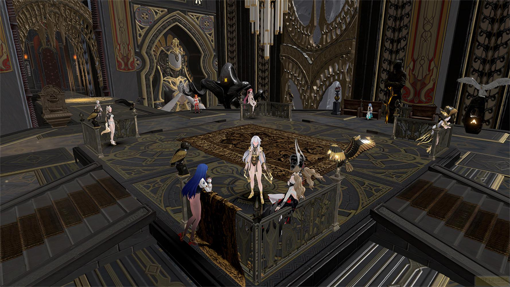 Un gruppo di personaggi fantasy in un interno opulento con un grande tappeto.