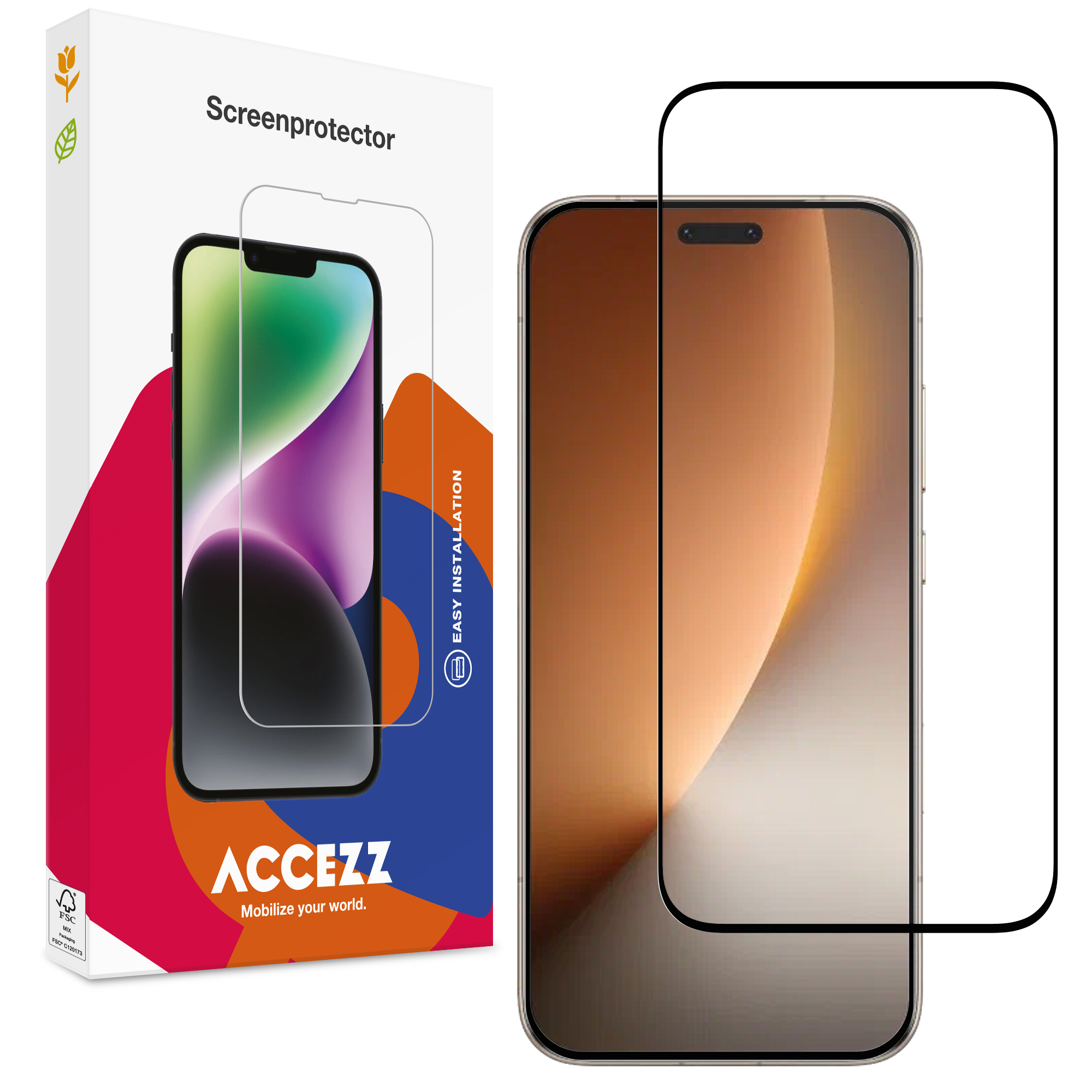 Screenprotector doos naast smartphone met aangebrachte screenprotector.