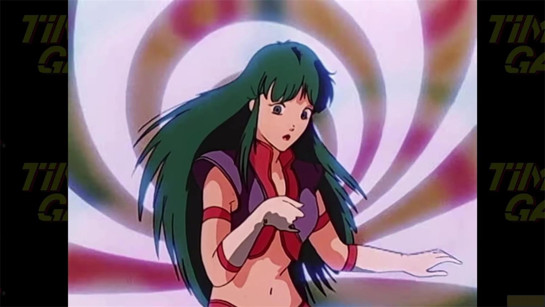 Ragazza anime con lunghi capelli verdi davanti a uno sfondo a spirale.