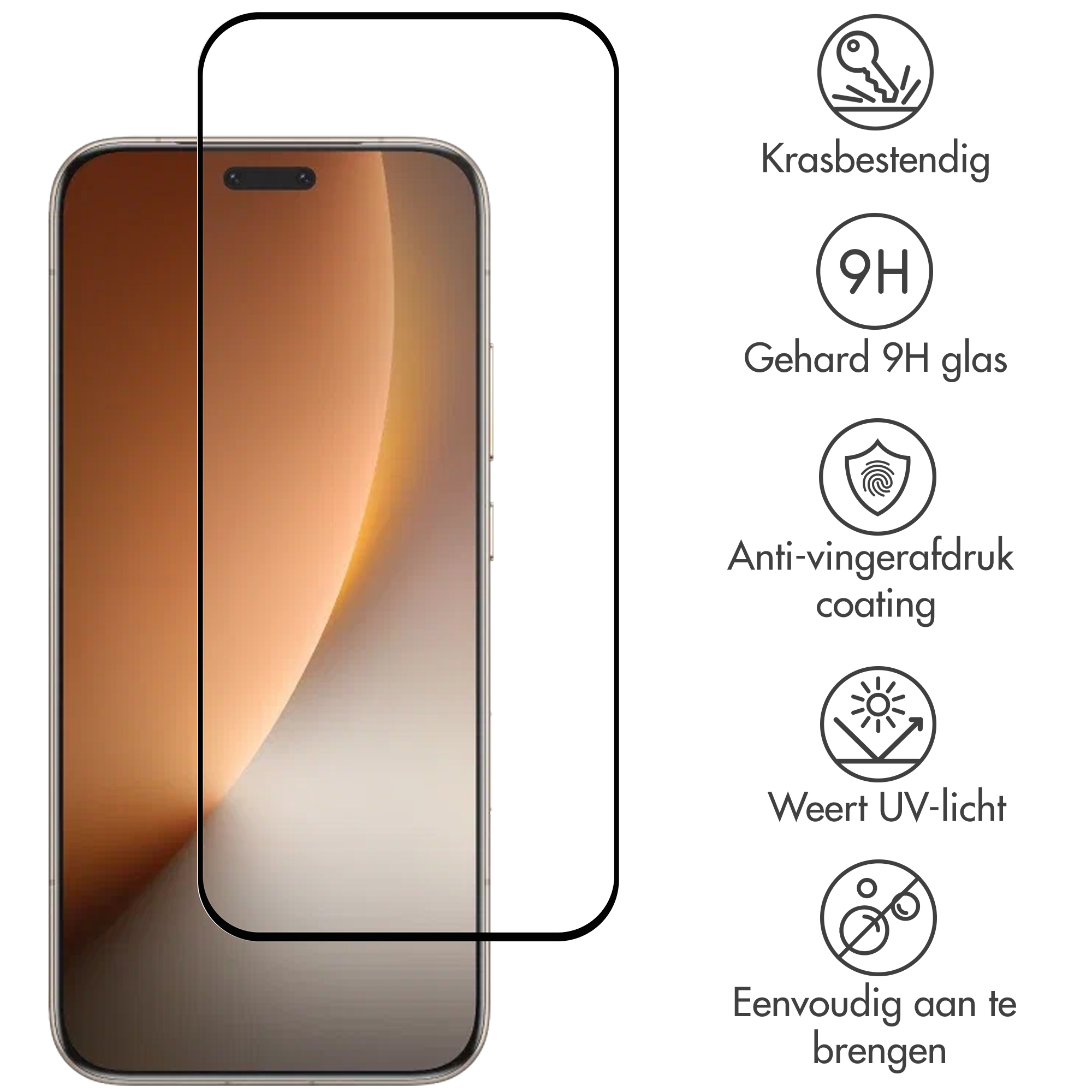 Screenprotector voor smartphone, krasbestendig, 9H gehard glas.