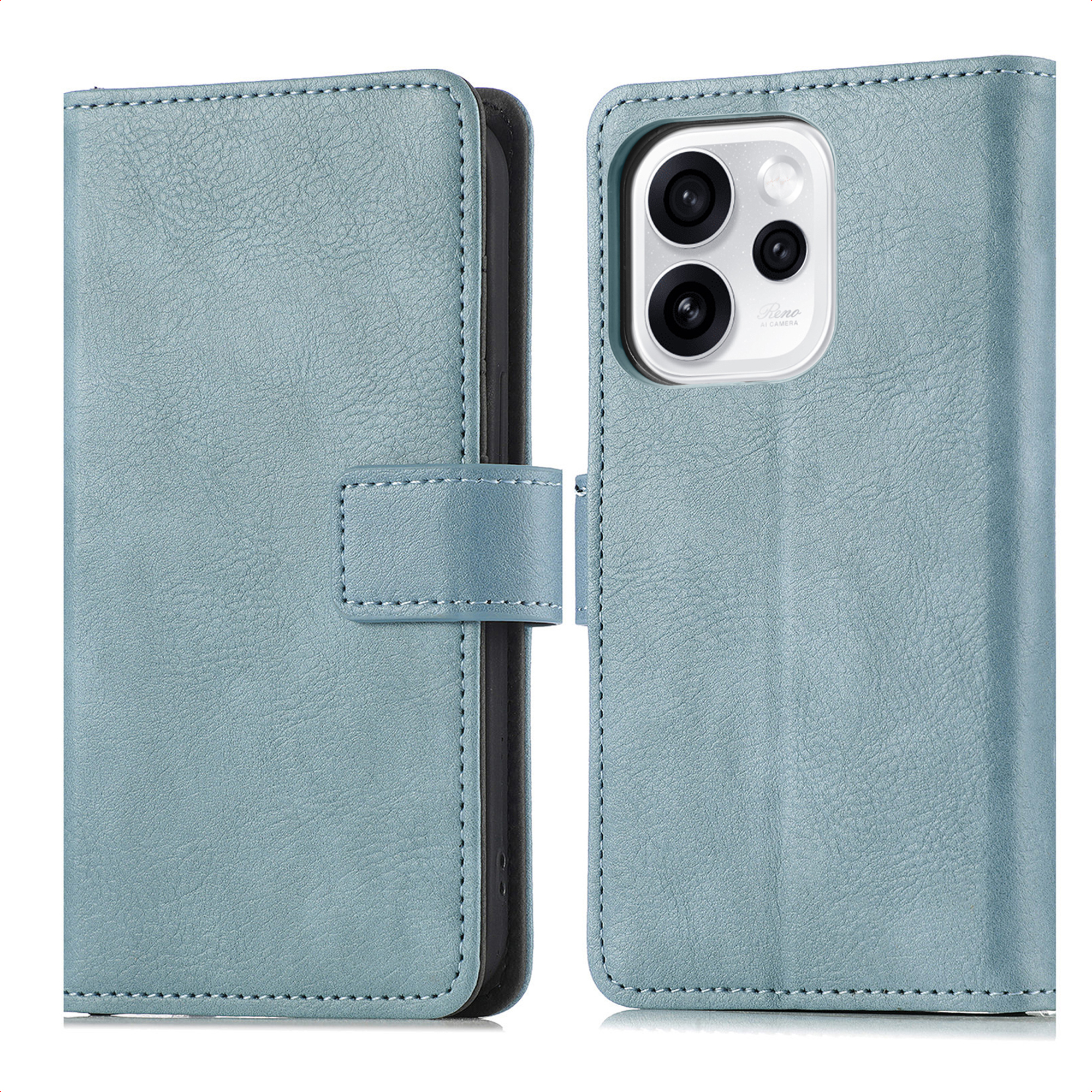 Een lichtblauwe leren telefoonhoes met camera's en stiksels.