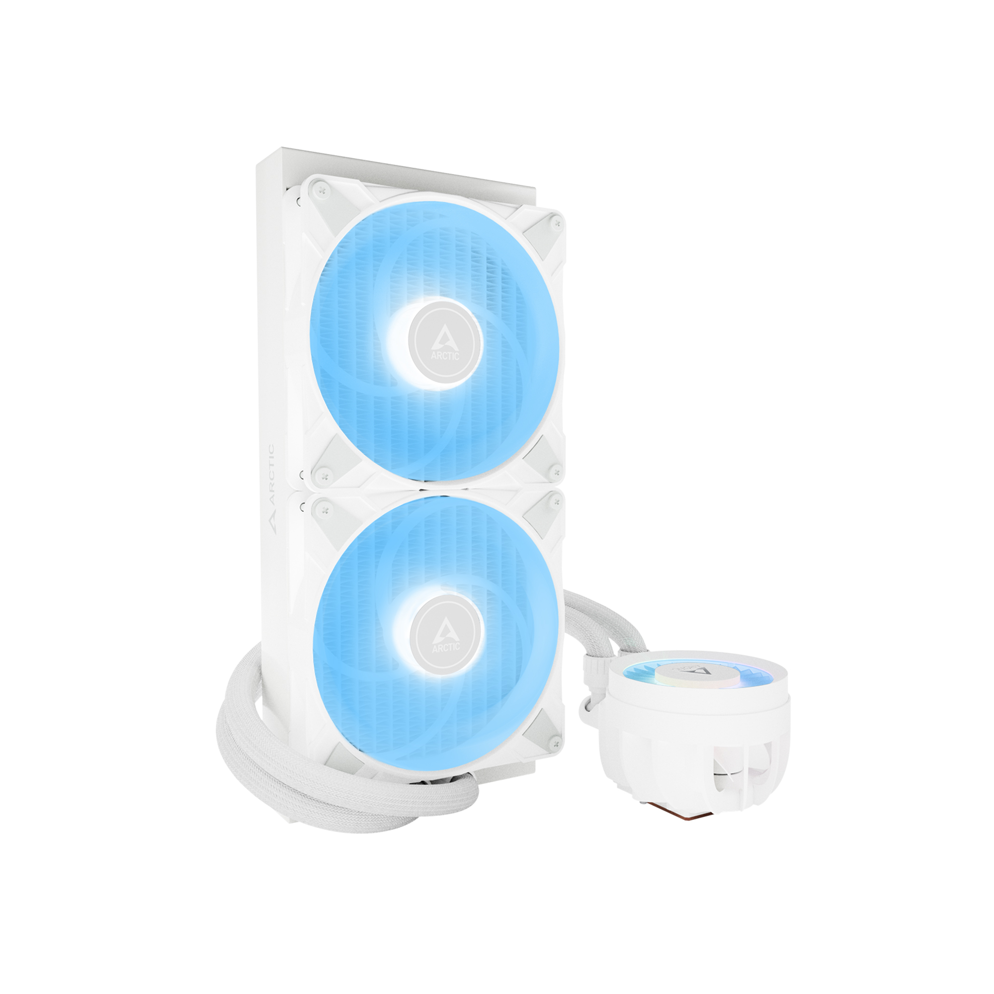 Biała chłodnica CPU z dwoma niebieskimi wentylatorami i okrągłą obudową pompy.