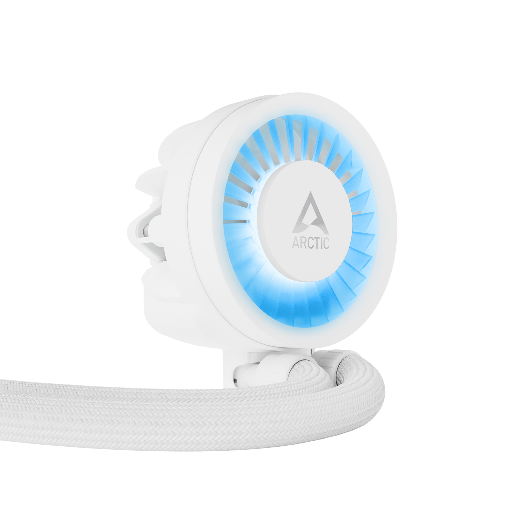Biały wentylator z logo ARCTIC i niebieskim podświetleniem.