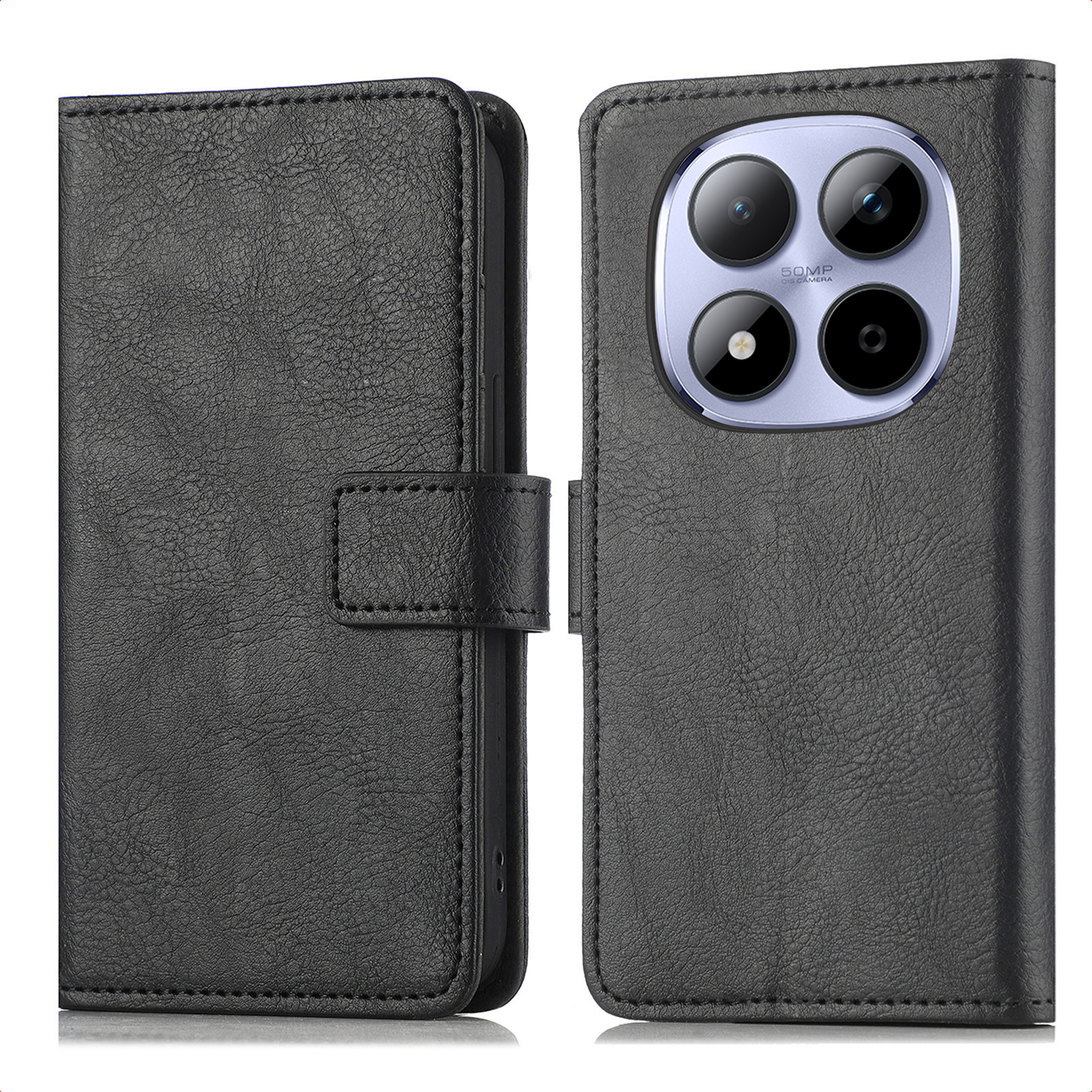 Zwarte leren flip case voor smartphone, met zichtbaar cameramodule.