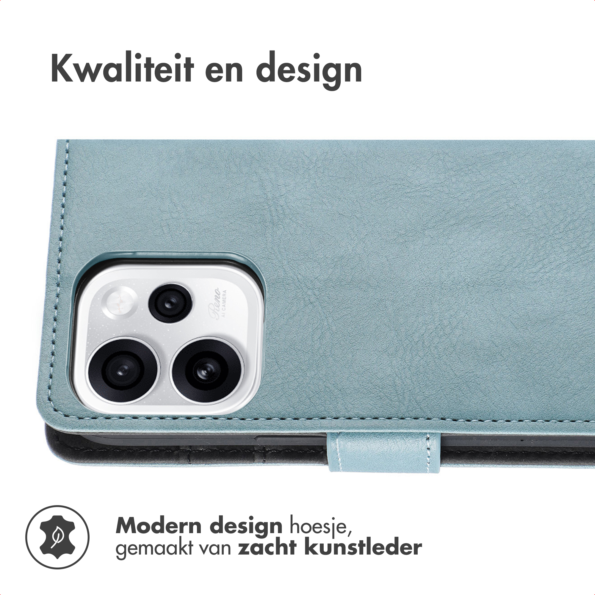 Lichtblauwe telefoonhoes met cameralens en tekst.