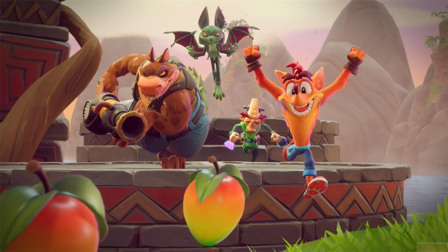 Crash Bandicoot e amici su una piattaforma di pietra, con frutta in primo piano.