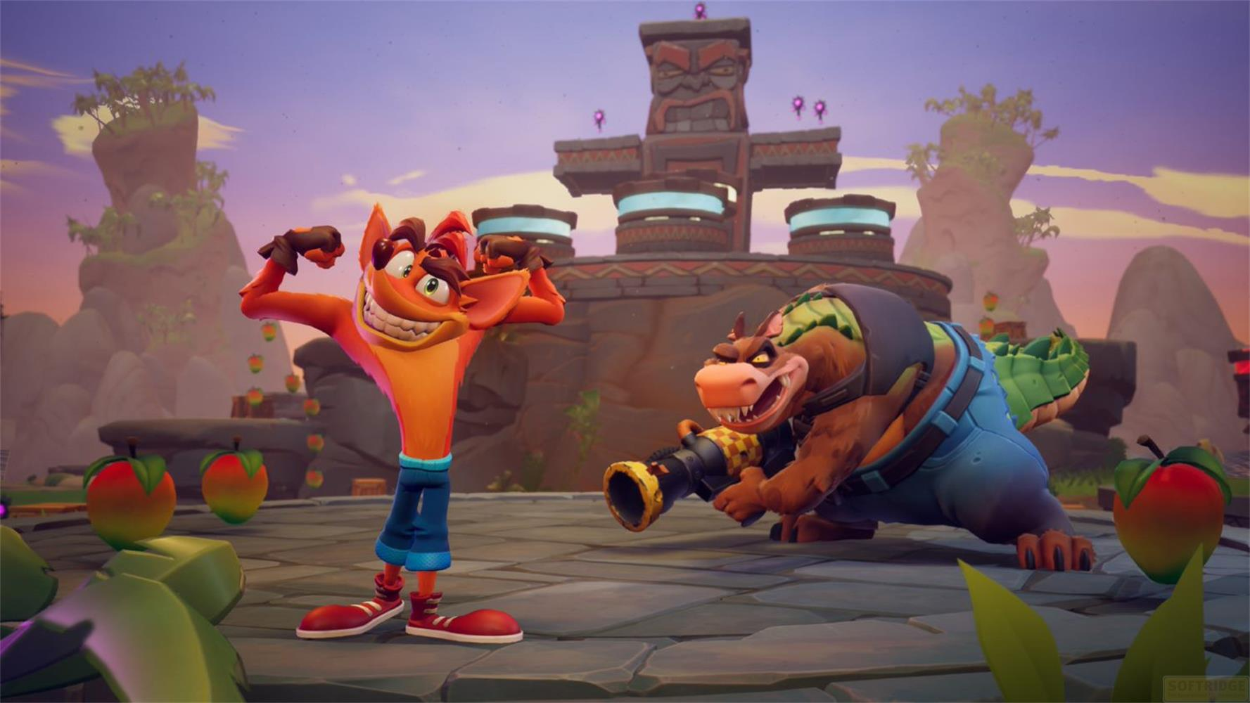 Crash Bandicoot si atteggia mentre Dingodile mira un cannone. Frutti colorati sparsi.