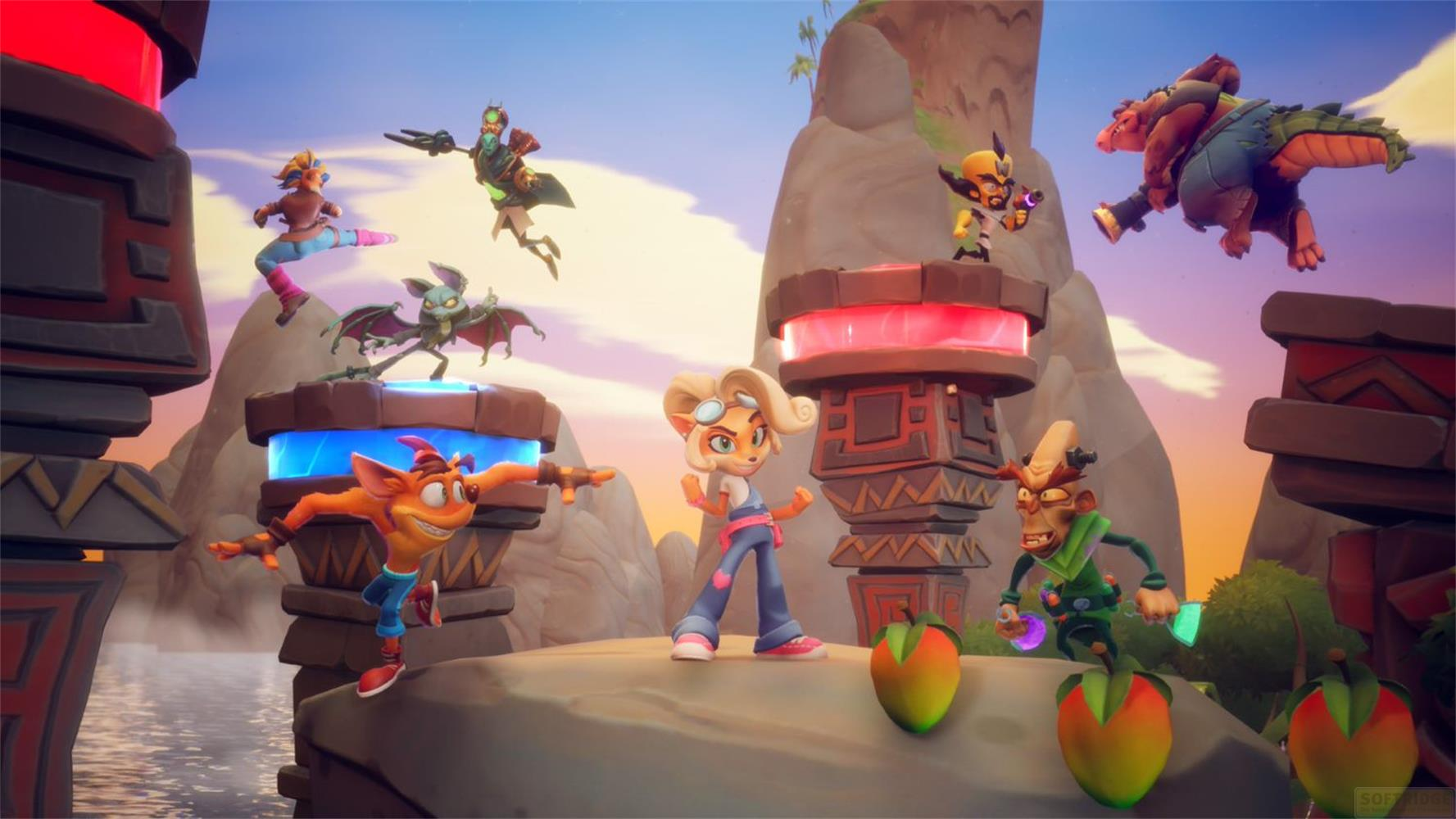 Personaggi di Crash Bandicoot su piattaforme in un paesaggio stilizzato e colorato.