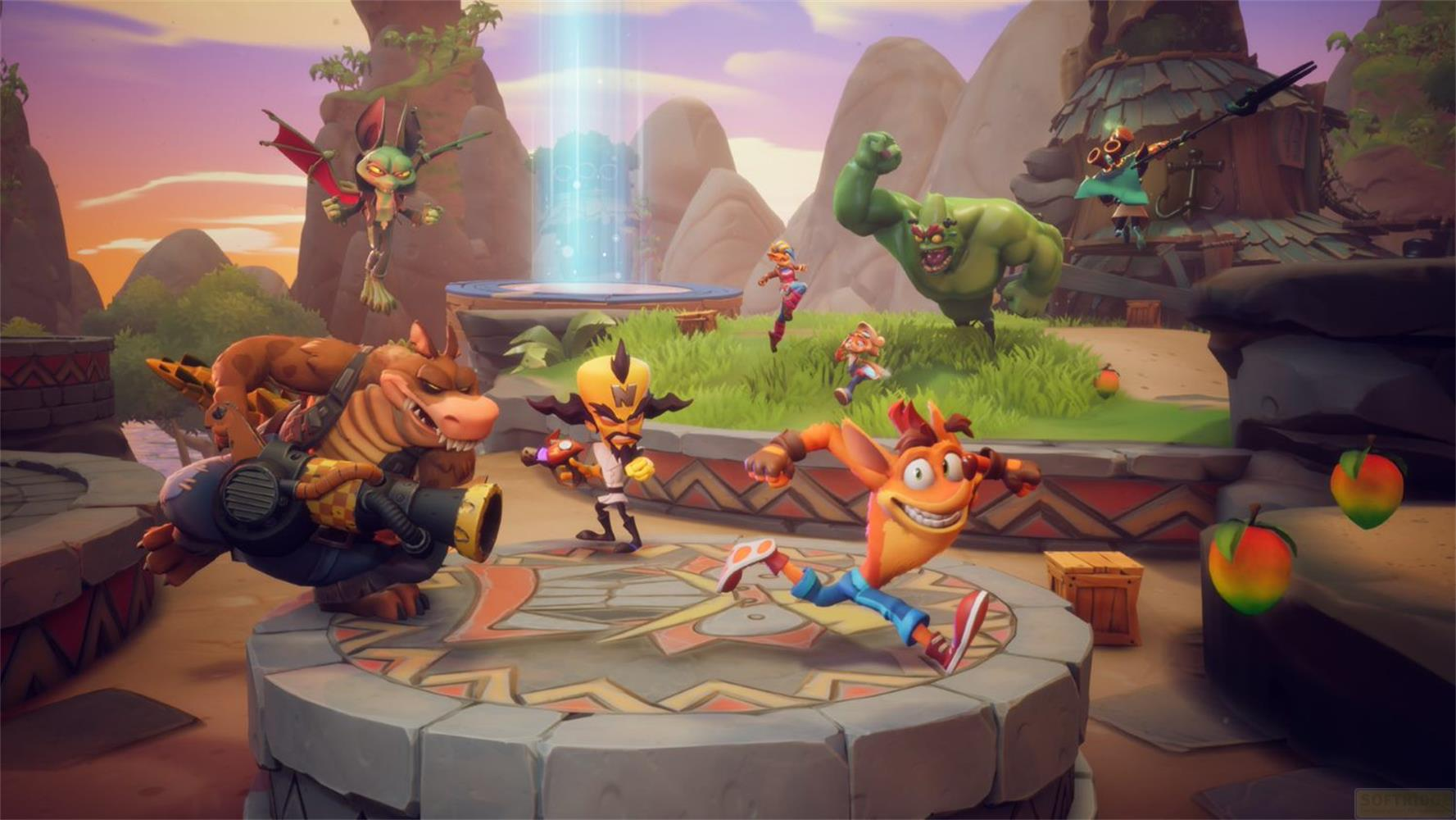 Crash Bandicoot e amici combattono in un paesaggio colorato con montagne e alberi.