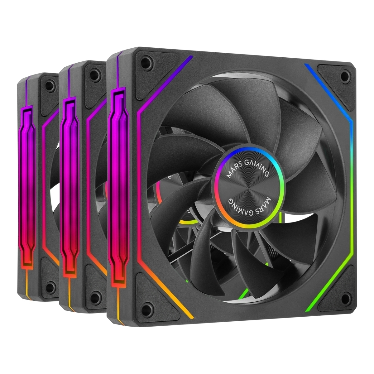 Tres ventiladores negros para ordenador con iluminación RGB colorida.