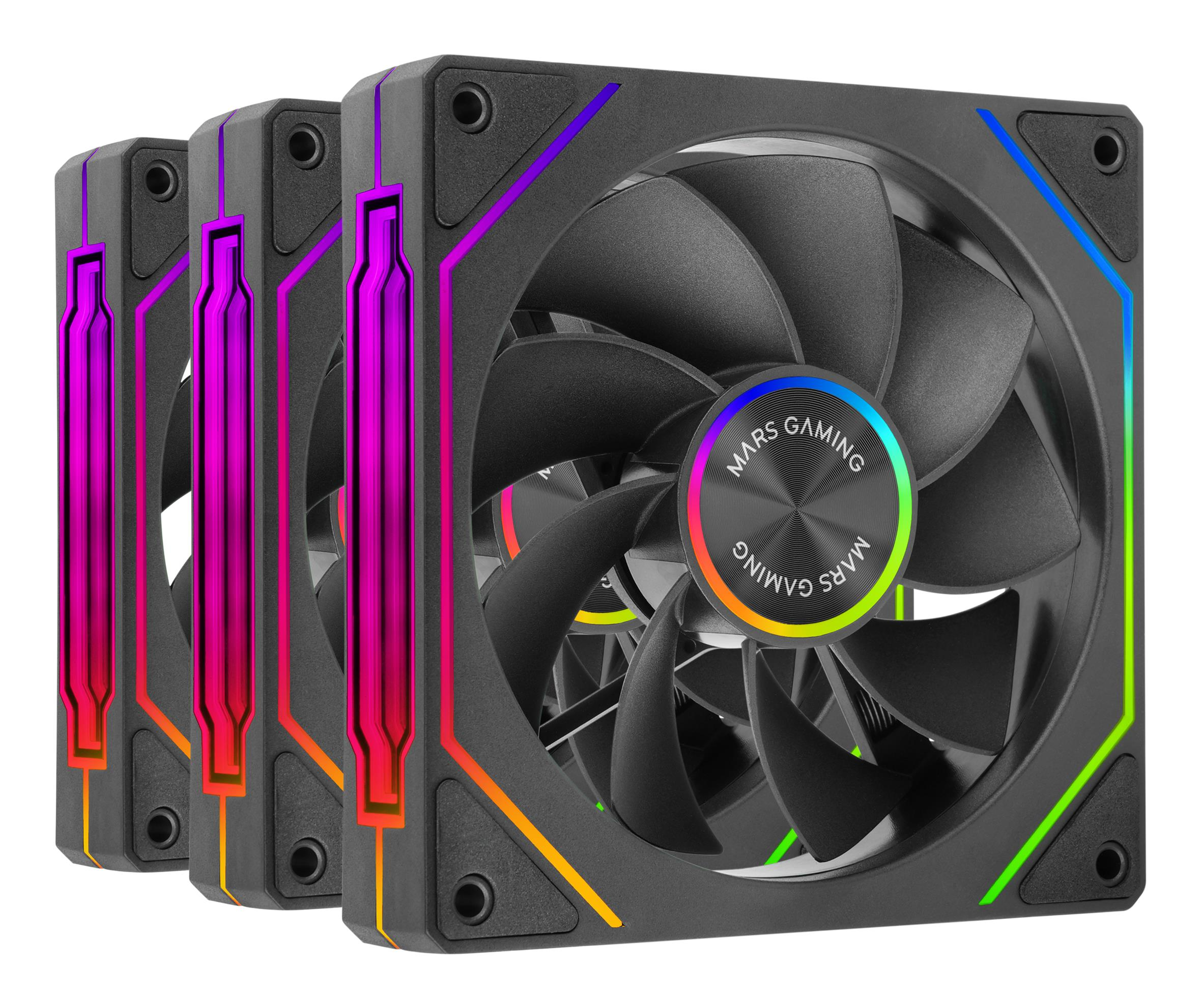 Tres ventiladores negros con iluminación RGB. Aspas negras, marcos con luces de colores.