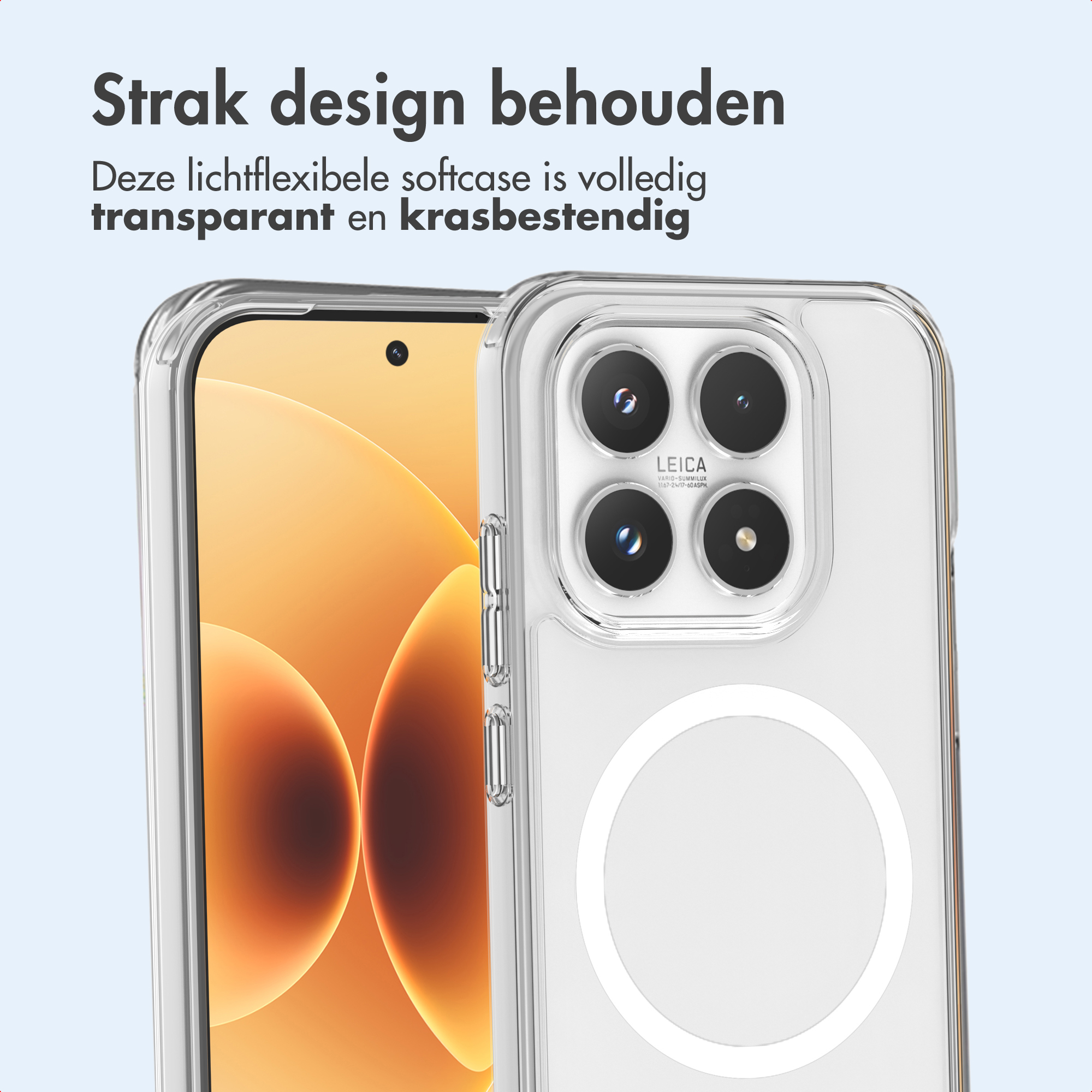 Coque de téléphone transparente avec quadruple appareil photo et logo Leica.
