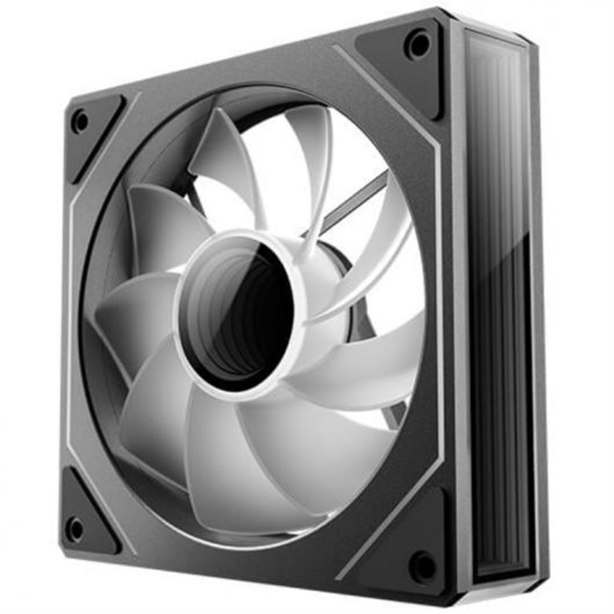 Ventilador de PC negro con aspas blancas y marco negro.