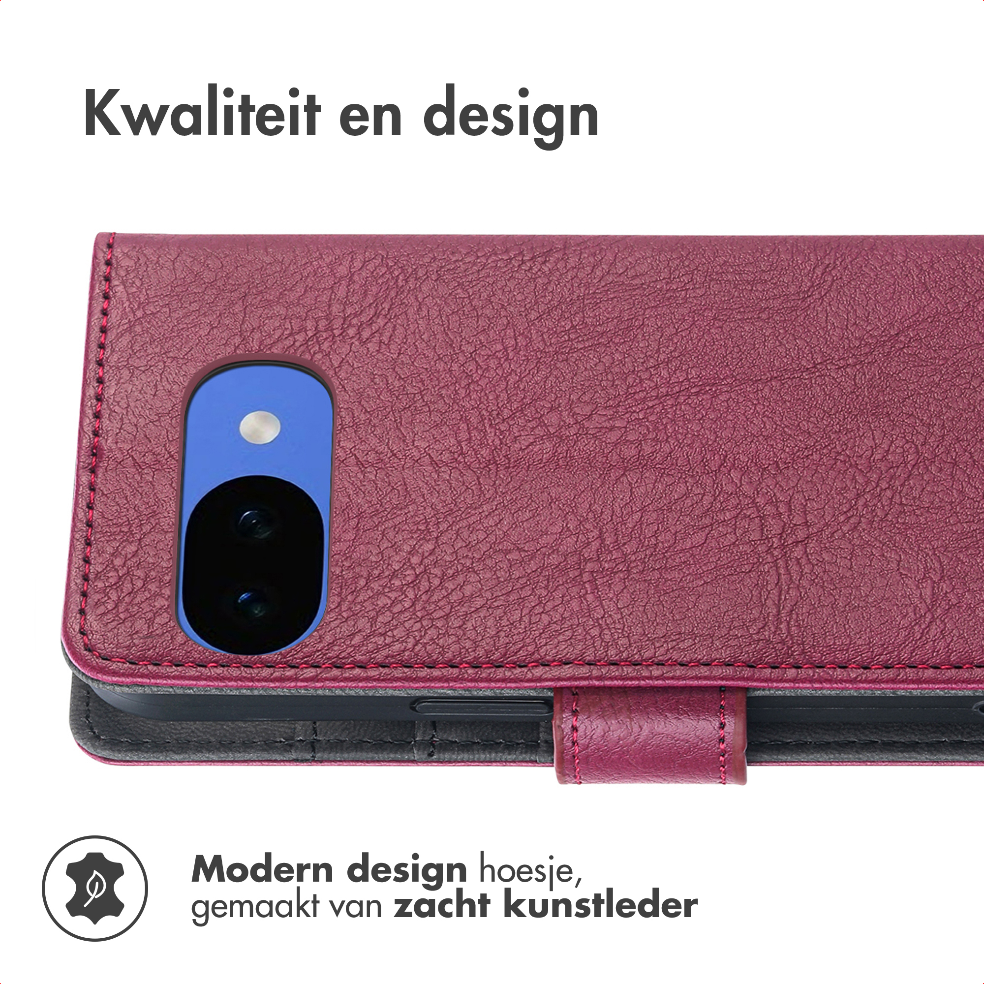 Een bordeauxrode kunstleren flip case voor smartphone met zichtbare camera-opening.