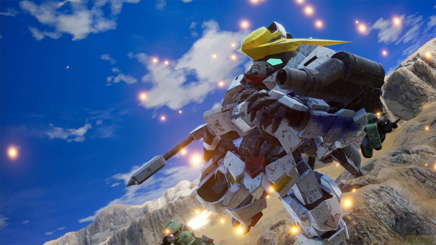 Un mech bianco con elmo giallo vola su rocce sotto un cielo blu.