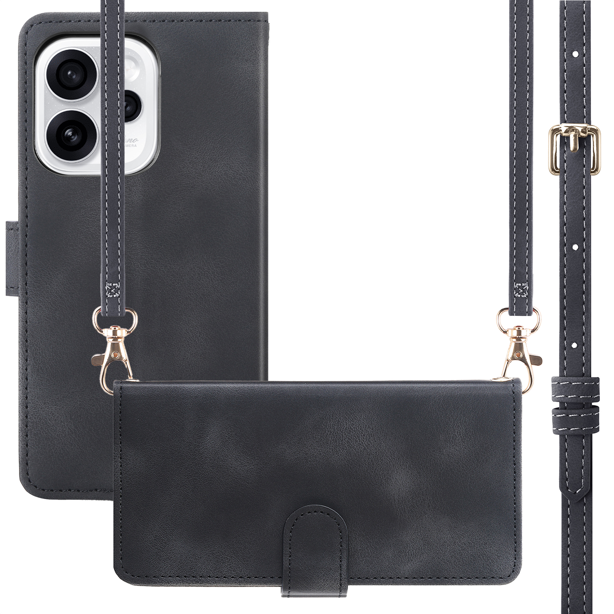 Donkergrijs leren flip hoesje met camera-uitsparing en afneembare riem.