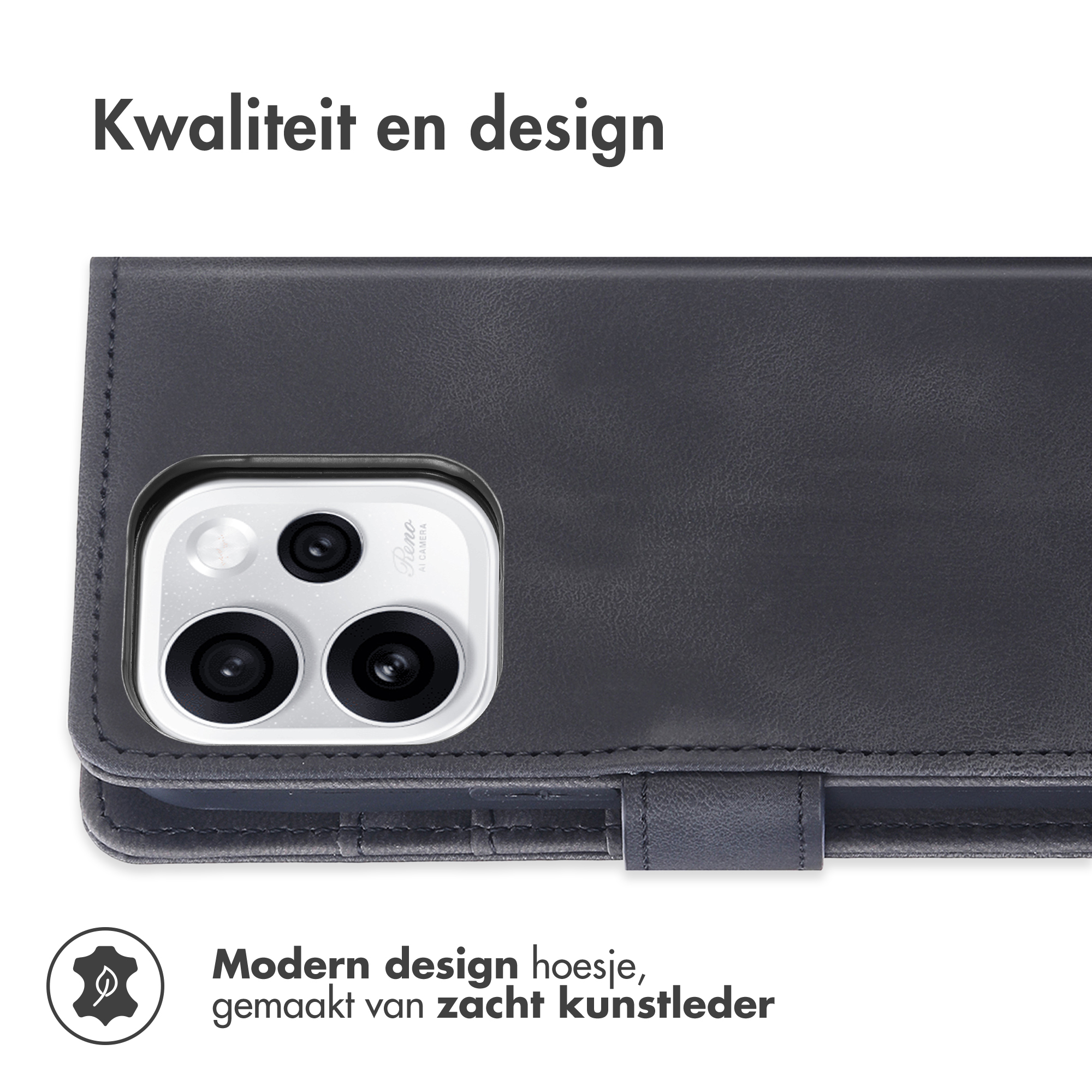 Zwarte telefoonhoes met drie camera's en stiksels.