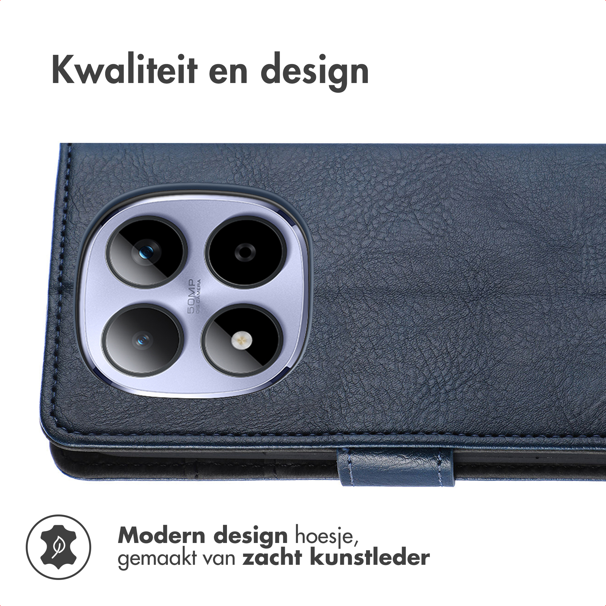 Étui de téléphone bleu foncé avec appareil photo 50MP. Texte : Qualité et design.