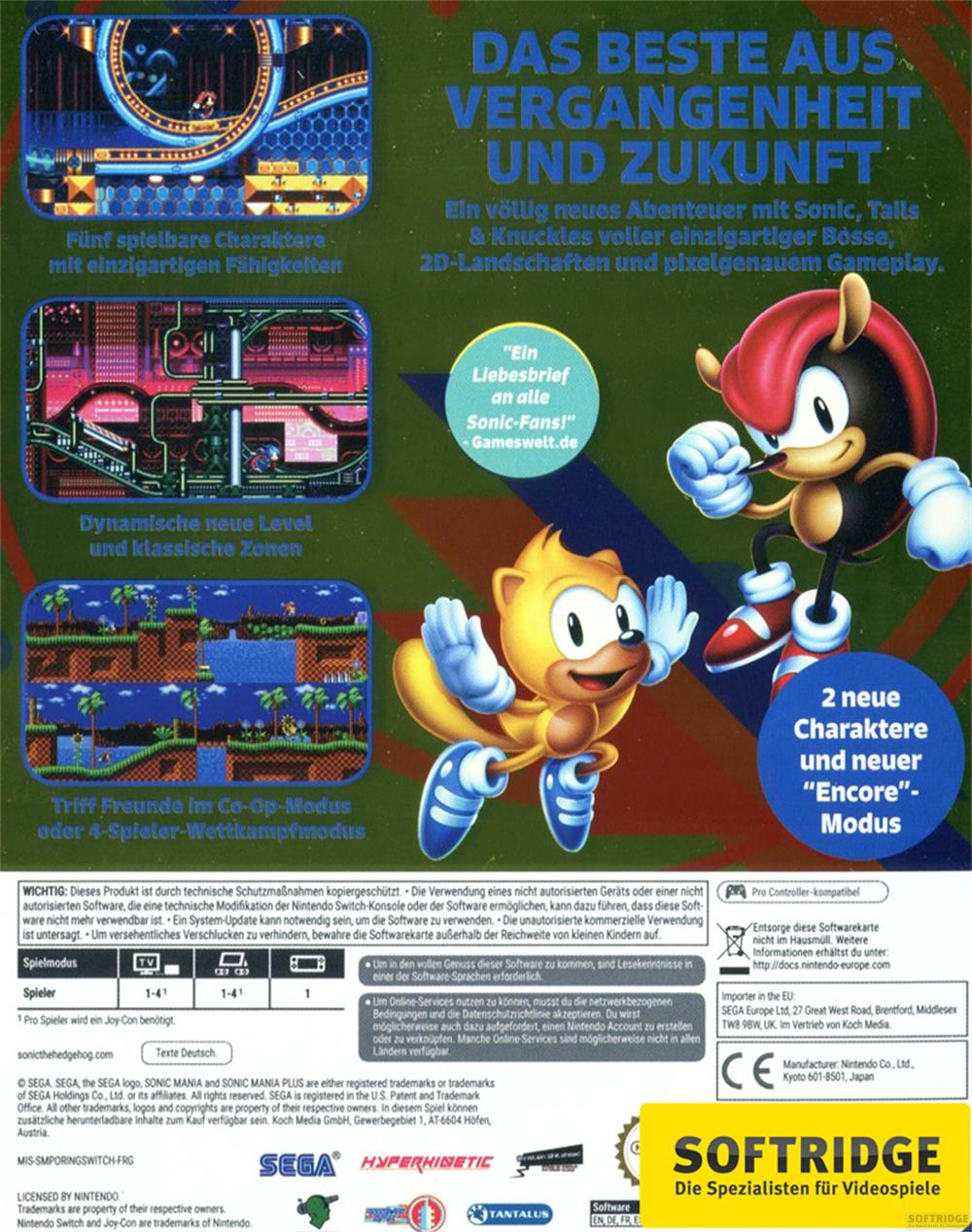 Okładka Sonic Mania Plus: Sonic, Ray i Mighty ze scenami z gry. Tekst o funkcjach.