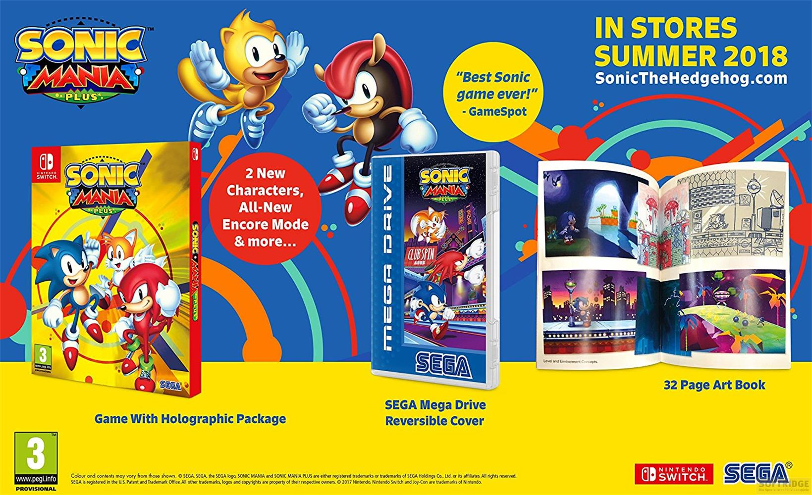 Reklama Sonic Mania Plus z postaciami, etui na gry i książką artystyczną.